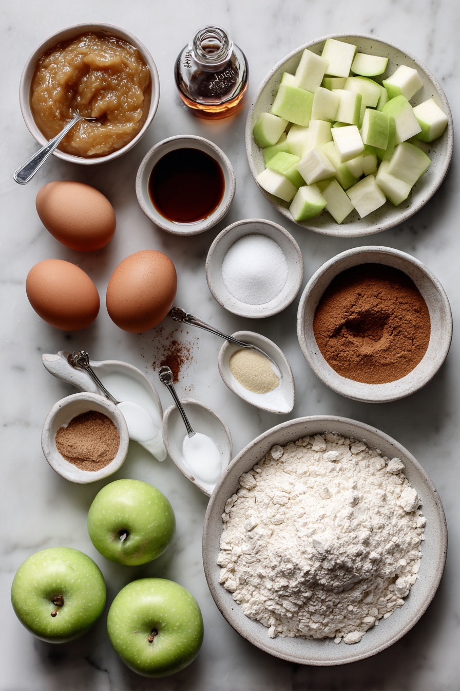 Moist Cinnamon Apple Bread, Cinnamon Apple Bread recipe, easy apple bread, cozy breakfast bread, spiced apple quick bread - Flat lay of a small bowl of unsweetened applesauce, three large brown eggs, a small glass bottle of vanilla extract, a small bowl of white granulated sugar, a small bowl of brown sugar, a medium pile of all-purpose flour, a few teaspoons of baking soda and salt in small ceramic spoons, two teaspoons of ground cinnamon scattered lightly, and a generous pile of diced green Granny Smith apples with some peeled apple halves placed nearby, arranged artfully on a white marble surface, photo taken with an iphone --ar 2:3 --v 7