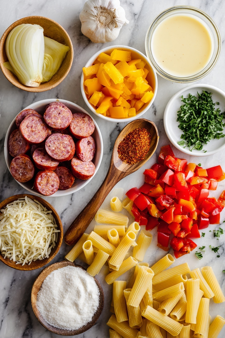 One Pot Creamy Cajun Sausage Pasta, Cajun sausage pasta, easy Cajun pasta recipe, creamy sausage pasta dinner, quick Cajun pasta - Flat lay of a small dish of golden olive oil, one medium yellow onion and one medium red bell pepper both diced with vibrant colors, a pile of sliced andouille sausage rounds about a dozen pieces, a small heap of minced garlic, a wooden spoonful of reddish Cajun seasoning, a scattering of uncooked rigatoni pasta, two cans of bright diced tomatoes opened with some tomatoes spilling out, a clear cup of creamy heavy cream, a small mound of shredded Parmesan cheese, a few tablespoons of chopped fresh parsley, and a small bowl of white cornstarch powder, all placed on a white marble surface, photo taken with an iphone --ar 2:3 --v 7