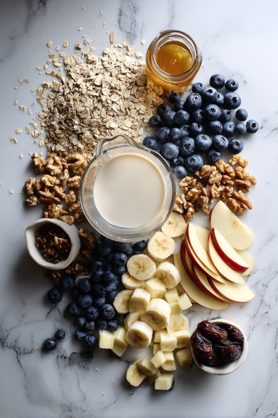 Simple Vegan Overnight Oats, vegan breakfast ideas, healthy overnight oats, easy plant-based breakfast, customizable vegan oats - Flat lay of rolled oats, a glass of creamy vanilla soy milk, fresh blueberries, sliced banana, diced apples, chopped dates, walnut halves, and a small jar of golden maple syrup beautifully arranged on a white marble surface, photo taken with an iphone --ar 2:3 --v 7