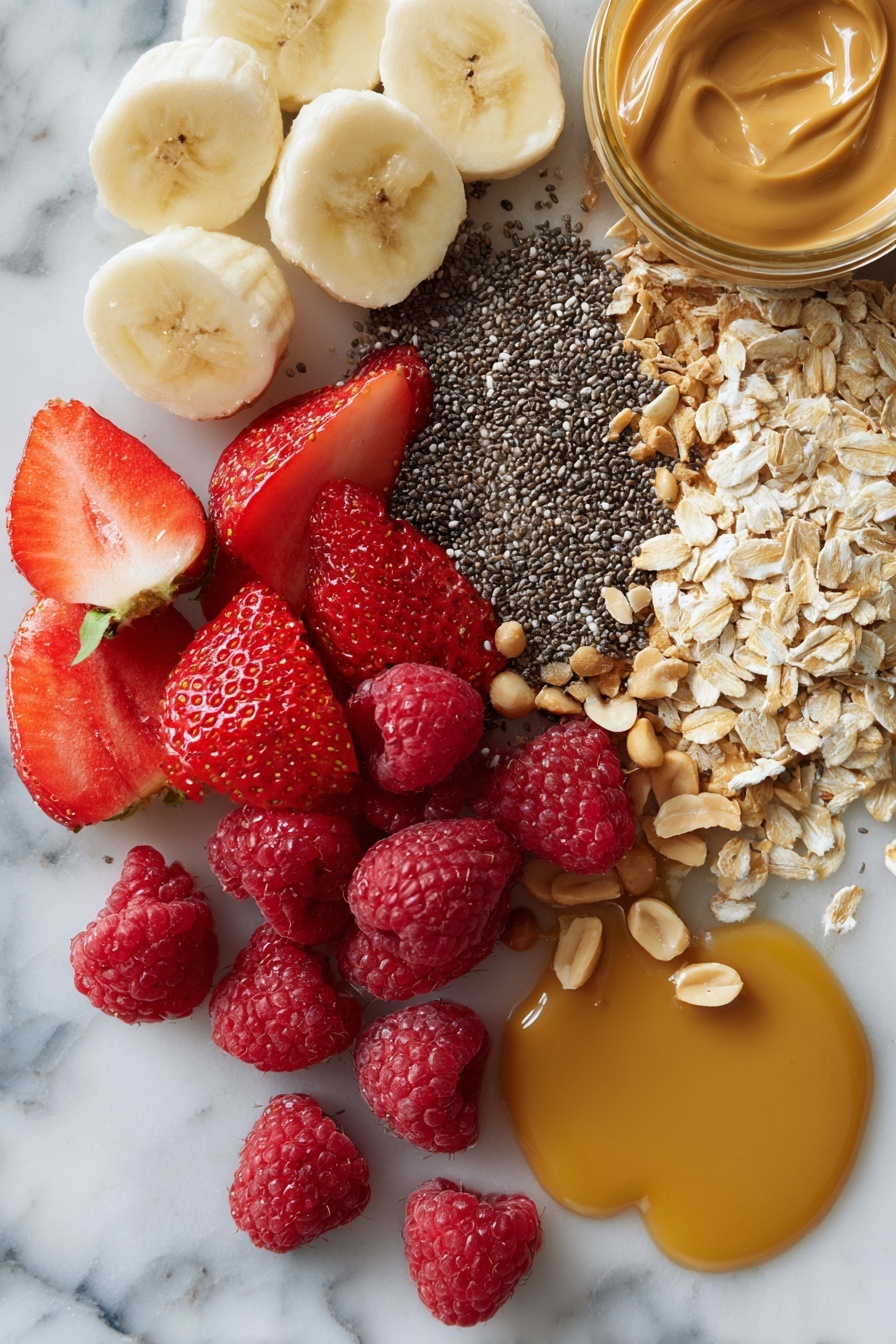 Peanut Butter Overnight Oats, healthy overnight oats, easy breakfast recipes, quick morning breakfast, nutritious oatmeal - Flat lay of creamy peanut butter in smooth dollops, a neat pile of rolled oats, glossy chia seeds scattered artistically, a small pool of golden maple syrup, fresh ripe strawberries sliced to reveal their vibrant red interiors, plump raspberries with delicate texture, fresh banana slices with soft yellow tones, and a handful of chopped peanuts adding crunch and contrast, all placed on a white marble surface, photo taken with an iphone --ar 2:3 --v 7