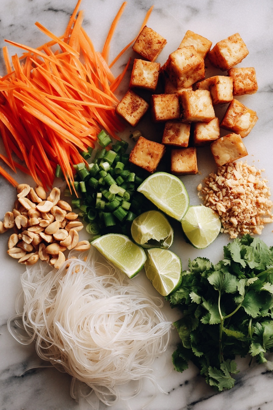 Vegan Pad Thai, vegan Thai noodles, plant-based Pad Thai, vegan noodle stir-fry, healthy vegan Asian recipes - Flat lay of golden crispy tofu cubes, bright orange julienne carrots, fresh green chopped scallions, vibrant lime wedges, fresh green cilantro leaves, crunchy light brown crushed peanuts, white mung bean sprouts, and pale translucent stir fry rice noodles, all beautifully arranged on a white marble surface, photo taken with an iphone --ar 2:3 --v 7
