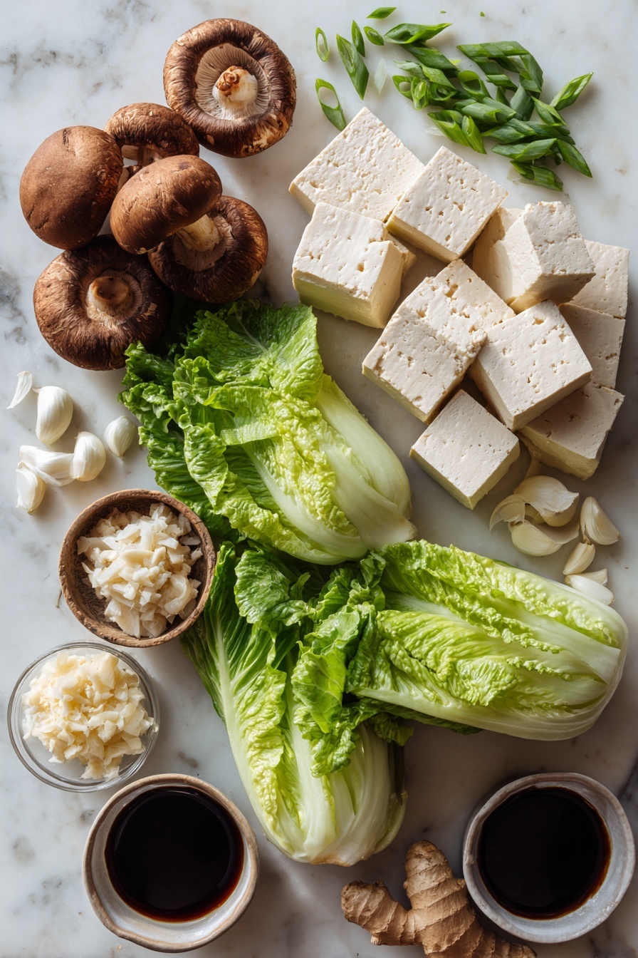 Tofu Lettuce Wraps with Mushrooms and Water Chestnuts, healthy tofu lettuce wraps, vegetarian lettuce wraps with mushrooms, crunchy water chestnuts appetizer, easy tofu lettuce wraps - Flat lay of firm tofu blocks, fresh butter lettuce leaves separated in clusters, whole cremini mushrooms with rich brown caps, chopped water chestnuts showing their crunchy white interior, bright green sliced spring onions, peeled garlic cloves, a small pile of fresh grated ginger, and a small dish of dark hoisin sauce, all beautifully arranged on a white marble surface, photo taken with an iphone --ar 2:3 --v 7