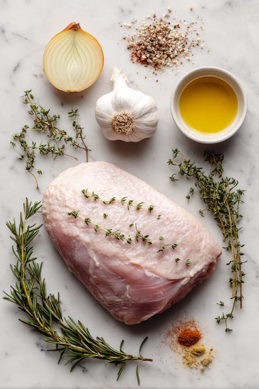 Slow Cooker Herb-Seasoned Turkey Breast, slow cooker turkey breast, herb-seasoned turkey, easy turkey dinner, flavorful turkey recipes - Flat lay of a raw boneless turkey breast surrounded by fresh sprigs of thyme and rosemary, a head of garlic halved horizontally showing its cloves, a yellow onion cut in half revealing its layers, small piles of garlic powder, paprika, and onion powder, and a small pool of golden olive oil, placed on a white marble surface, photo taken with an iphone --ar 2:3 --v 7