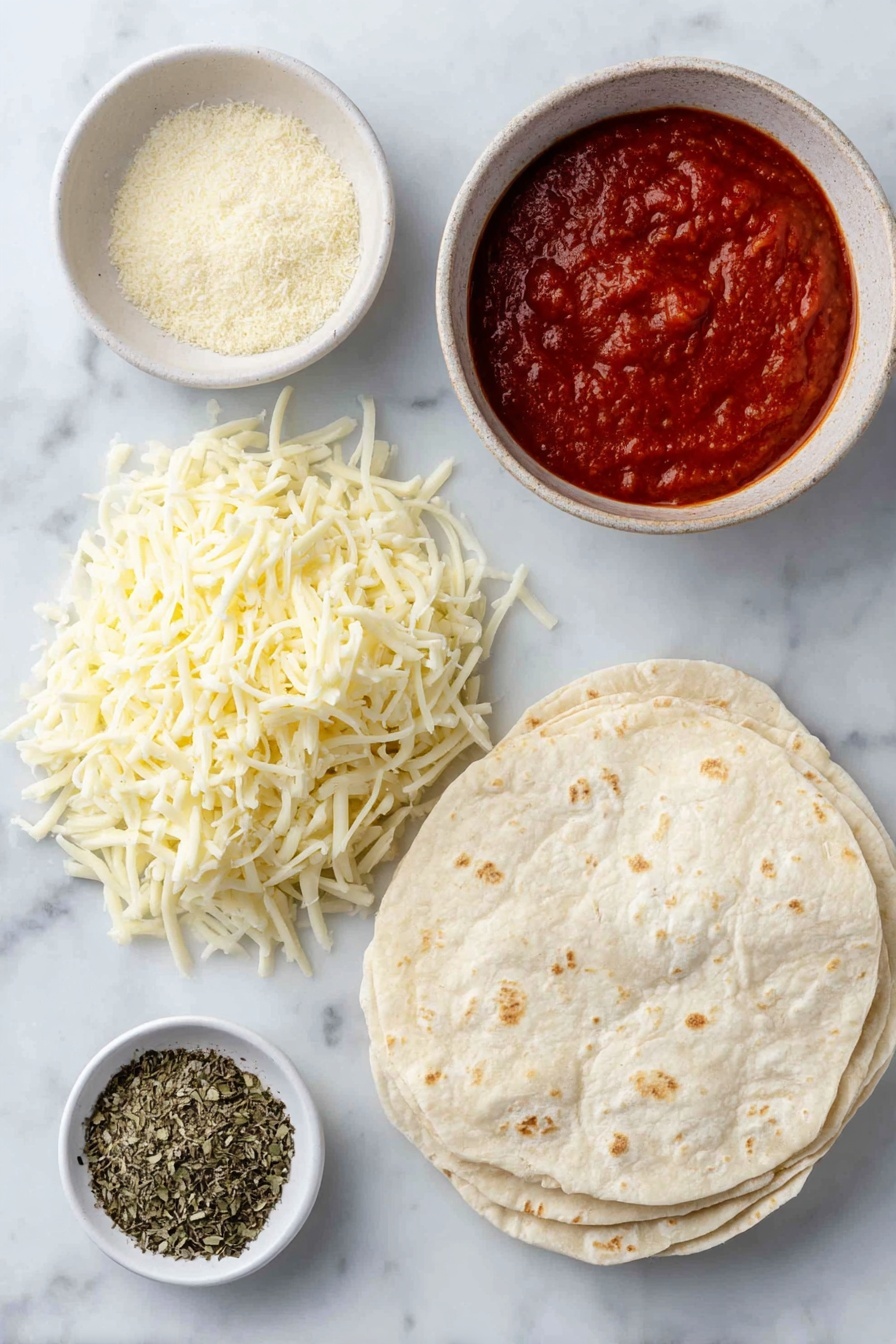 Air Fryer Pizza Rolls, quick cheesy snack, crispy pizza bites, easy party appetizer, homemade pizza snacks - Flat lay of two whole wheat tortillas stacked slightly offset, a small white ceramic bowl filled with shredded mozzarella cheese, another small white ceramic bowl containing rich red marinara sauce, a small white ceramic bowl with a heap of dried oregano, a small white ceramic bowl with dried basil leaves, and a small white ceramic bowl holding fine garlic powder, all arranged in perfect symmetry on a clean white marble surface, soft natural light, photo taken with an iPhone, professional food photography style, fresh ingredients, white ceramic bowls, no bottles, no duplicates, no utensils, no packaging --ar 2:3 --v 7 --p awthu7i m7354615311229779997