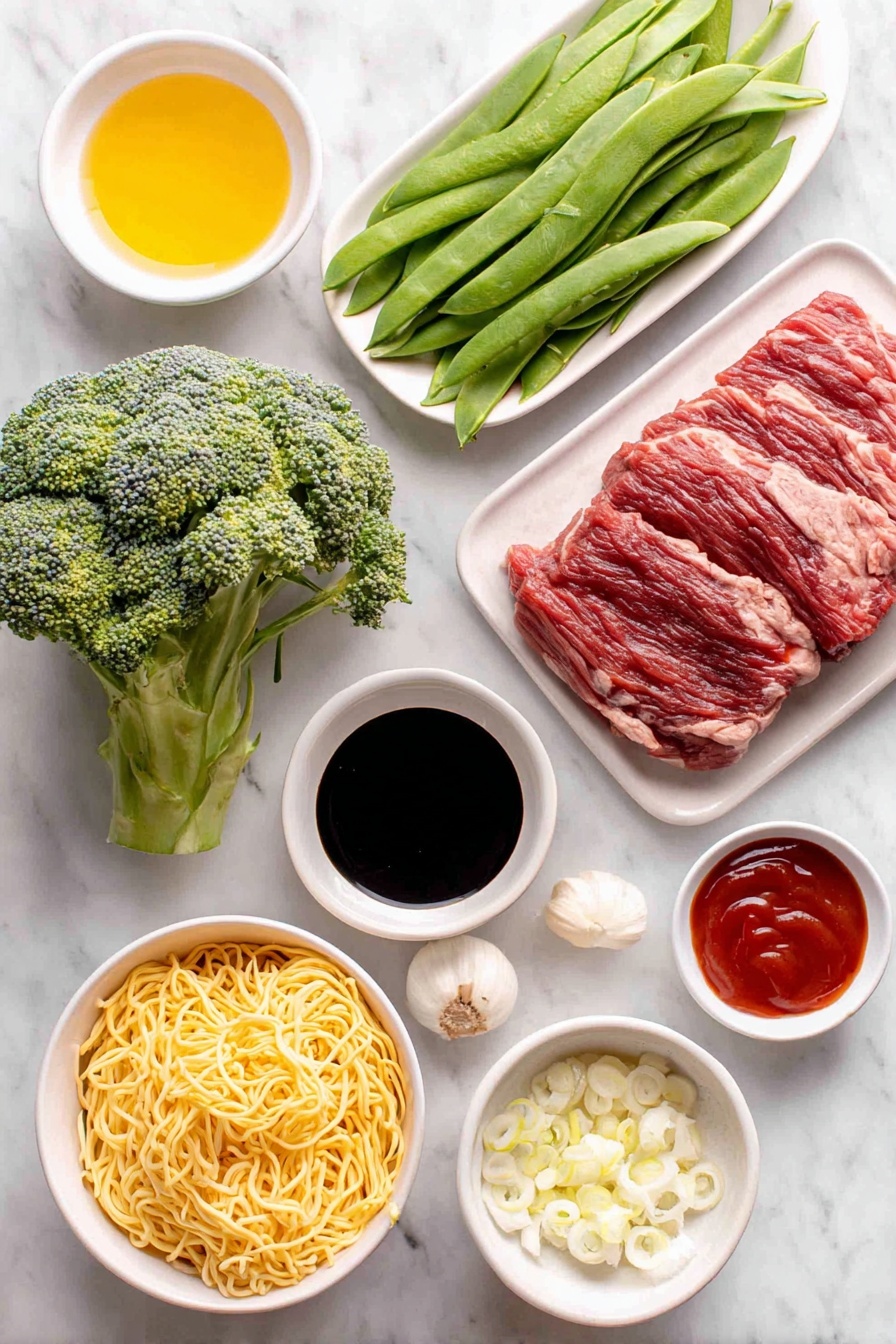 Sticky Beef & Noodles, one pan beef stir-fry, easy beef noodle recipe, quick weeknight dinner, flavorful beef and noodle dish - Flat lay of a small white ceramic bowl of sunflower oil, thin strips of raw steak with fat removed, a fresh head of broccoli with vibrant green florets, a handful of crisp mange tout (snow peas), a small pile of dried egg noodles, a small white bowl filled with crushed fresh ginger, a few whole uncracked cloves of garlic, a small white bowl of oyster sauce, a small white bowl of dark soy sauce, a small white bowl of honey, a small white bowl of tomato ketchup, and several fresh spring onions trimmed and sliced, all arranged with perfect symmetry and balanced proportions on a clean white marble surface, soft natural light, photo taken with an iPhone, professional food photography style, fresh ingredients, white ceramic bowls, no bottles, no duplicates, no utensils, no packaging --ar 2:3 --v 7 --p awthu7i m7354615311229779997