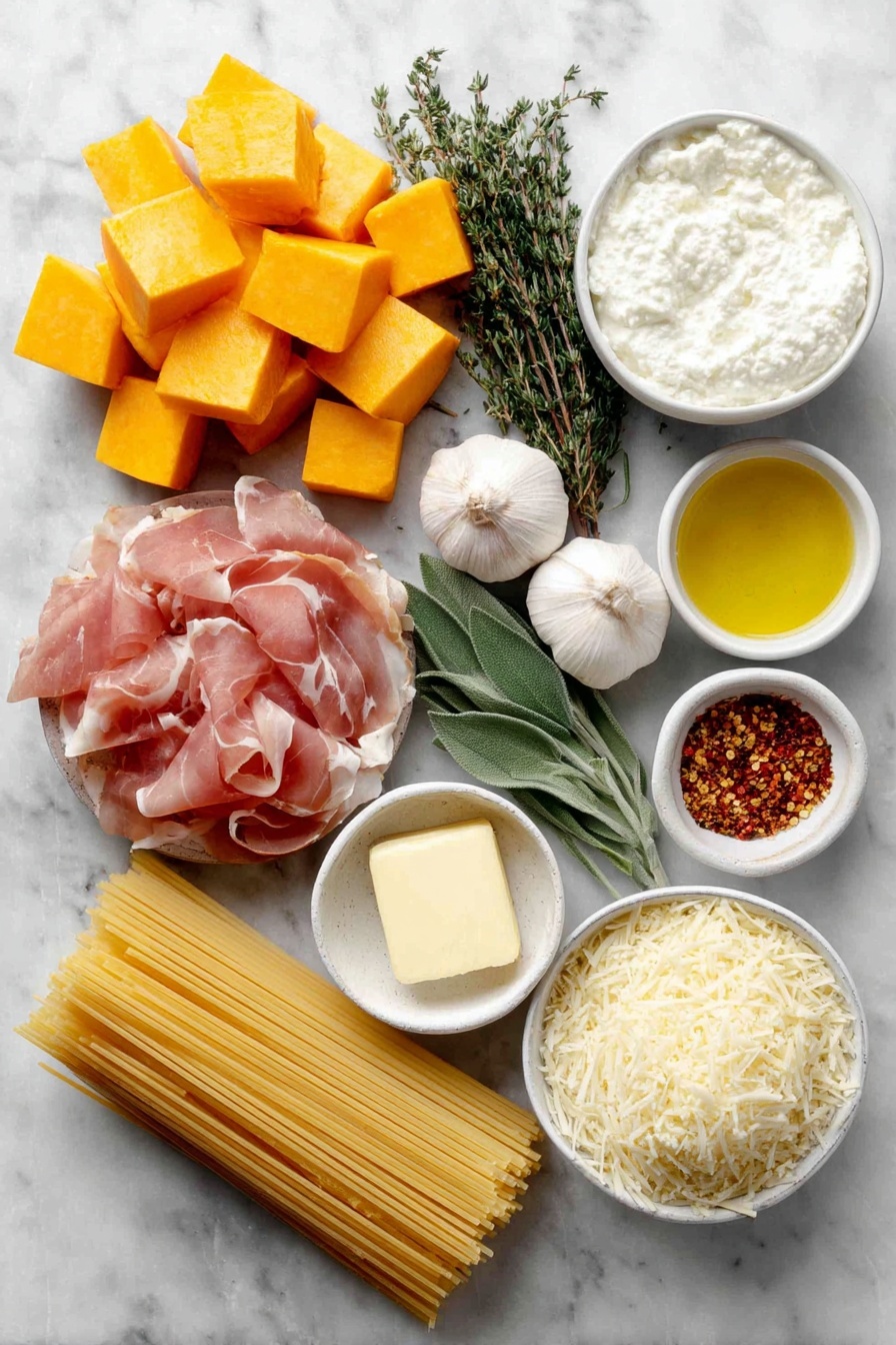 Creamy Roasted Garlic Butternut Squash Pasta, butternut squash pasta, roasted garlic pasta, vegetarian comfort pasta, easy fall pasta recipes - Flat lay of a small pile of cubed fresh butternut squash with deep orange color, several whole garlic cloves with papery skins intact, a few sprigs of fresh thyme with tiny green leaves, a small bunch of bright green fresh rosemary sprigs, a neat pile of thin slices of pink prosciutto, a small white ceramic bowl filled with creamy white ricotta cheese, a small white bowl holding golden extra virgin olive oil, a small white bowl containing salted butter pat, a few fresh sage leaves in a small white bowl, a small white bowl with shredded pale yellow gouda cheese, a small white bowl with finely grated parmesan cheese, a small white bowl with crushed red pepper flakes, a few whole uncracked brown eggs, and a neat bundle of uncooked linguine pasta with a pale yellow hue, all arranged symmetrically on a clean white marble surface, soft natural light, photo taken with an iPhone, professional food photography style, fresh ingredients, white ceramic bowls, no bottles, no duplicates, no utensils, no packaging --ar 2:3 --v 7 --p awthu7i m7354615311229779997