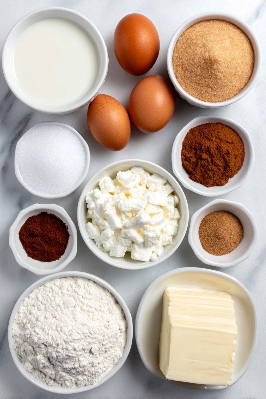 Chai Cinnamon Rolls with Caramel Drizzle, chai cinnamon roll recipe, spiced cinnamon rolls, caramel cinnamon roll dessert, cozy chai breakfast - Flat lay of a small white ceramic bowl of warm whole milk, a small white ceramic bowl with a heap of all-purpose flour, two whole uncracked brown eggs, a small white ceramic bowl of light brown sugar, a small white ceramic bowl of granulated white sugar, a small white ceramic bowl of softened unsalted butter, a small white ceramic bowl of heavy cream, a white ceramic dish holding two dry chai tea bags, small white ceramic bowls each with ground cinnamon, ground ginger, ground allspice, ground nutmeg, ground cardamom, and ground cloves, a small white ceramic bowl of honey, a small white ceramic bowl of powdered sugar, a small white ceramic bowl with cream cheese softened block, and a small white ceramic bowl of pure vanilla extract, all ingredients fresh and natural, arranged in perfect symmetry, placed on a clean white marble surface, soft natural light, photo taken with an iPhone, professional food photography style, fresh ingredients, white ceramic bowls, no bottles, no duplicates, no utensils, no packaging --ar 2:3 --v 7 --p awthu7i m7354615311229779997