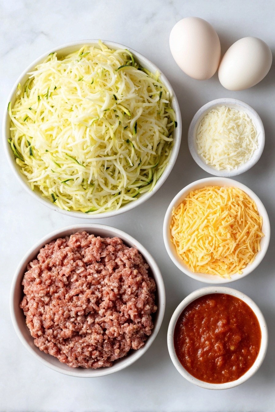 Zucchini Pizza Casserole, zucchini casserole recipes, healthy pizza casserole, easy zucchini bake, cheesy zucchini casserole - Flat lay of shredded unpeeled zucchini heaped in a simple white ceramic bowl, a small white bowl of fine salt crystals, two large whole uncracked eggs with clean shells, a small white bowl filled with finely grated pale Parmesan cheese, a small white bowl of shredded white mozzarella cheese, a small white bowl of shredded orange cheddar cheese, a mound of raw ground beef, a small pile of chopped white onion, two peeled garlic cloves, a small white bowl of smooth rich red tomato sauce, all arranged with perfect symmetry and balanced proportions, placed on a clean white marble surface, soft natural light, photo taken with an iPhone, professional food photography style, fresh ingredients, white ceramic bowls, no bottles, no duplicates, no utensils, no packaging --ar 2:3 --v 7 --p awthu7i m7354615311229779997