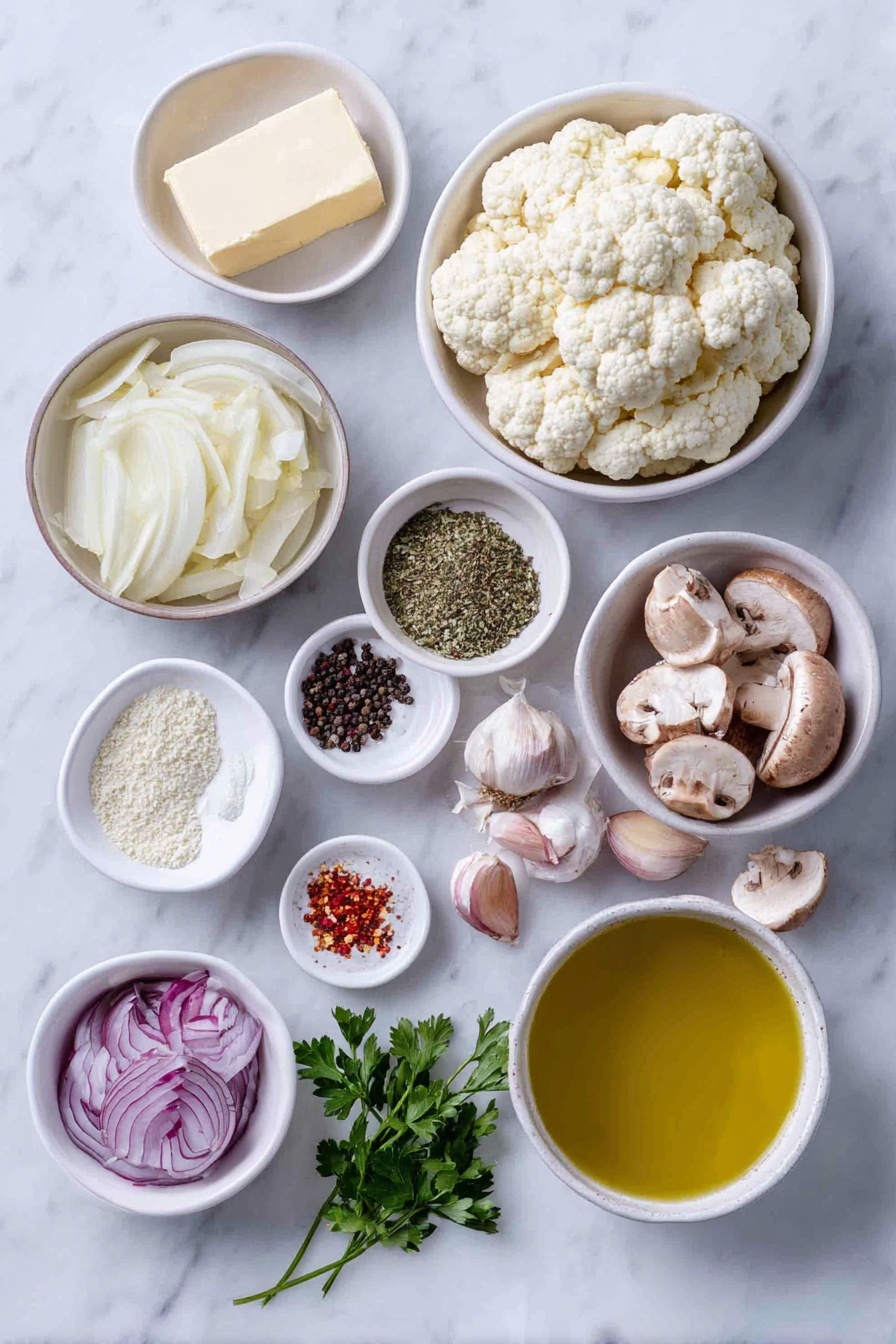 Mushroom Cauliflower Skillet, mushroom cauliflower stir-fry, healthy veggie skillet, easy mushroom cauliflower recipe, quick vegetarian dinner - Flat lay of a small white ceramic bowl of unsalted butter, a small white ceramic bowl of olive oil, a few thin slices of fresh onion arranged neatly, fresh cauliflower cut into small florets, whole cremini mushrooms halved and quartered, a small white ceramic bowl with dried Italian seasoning, a small white ceramic bowl of coarse salt, a small white ceramic bowl of black peppercorns, a small white ceramic bowl of vegetable broth, three whole garlic cloves, a small white ceramic bowl of red pepper flakes, and a few sprigs of fresh parsley placed on a clean white marble surface, soft natural light, photo taken with an iPhone, professional food photography style, fresh ingredients, white ceramic bowls, no bottles, no duplicates, no utensils, no packaging --ar 2:3 --v 7 --p awthu7i m7354615311229779997