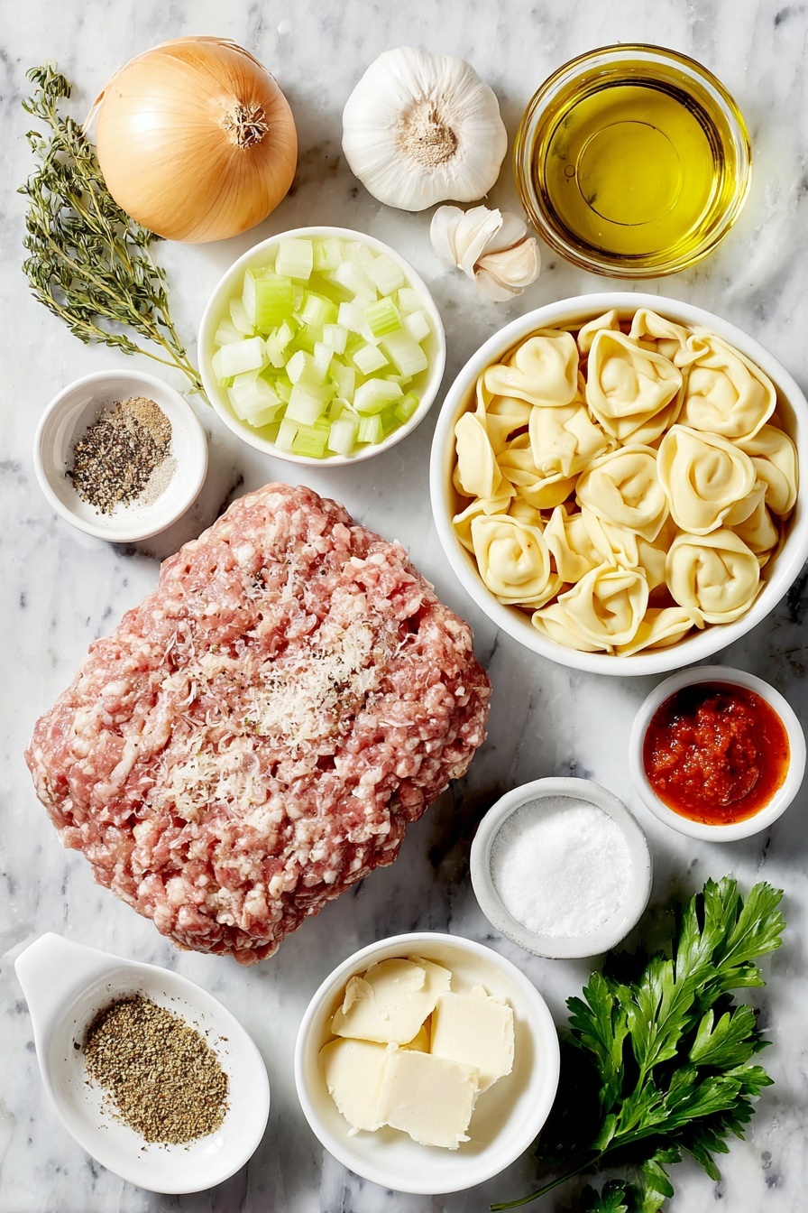 Creamy Tortellini Soup with Italian Sausage, Italian sausage tortellini soup, hearty creamy tortellini soup, easy Italian sausage pasta soup, comforting tortellini soup recipes - Flat lay of a small mound of raw mild Italian sausage, a diced yellow onion, two diced celery stalks, two peeled and diced large carrots, three peeled garlic cloves, a small white bowl of coarse kosher sea salt, a small white bowl of ground black pepper, a small white bowl of mixed Italian seasoning, a small white bowl of crushed fennel seeds, a small white bowl with a dollop of rich red tomato paste, a small white bowl of dry white wine, a small white bowl of all-purpose flour, a small white bowl of golden chicken broth, fresh refrigerated cheese tortellini, a small white bowl of creamy half and half, a small handful of fresh chopped spinach, fresh parmesan wedge, and a few sprigs of fresh parsley placed on a clean white marble surface, soft natural light, photo taken with an iPhone, professional food photography style, fresh ingredients, white ceramic bowls, no bottles, no duplicates, no utensils, no packaging --ar 2:3 --v 7 --p awthu7i m7354615311229779997