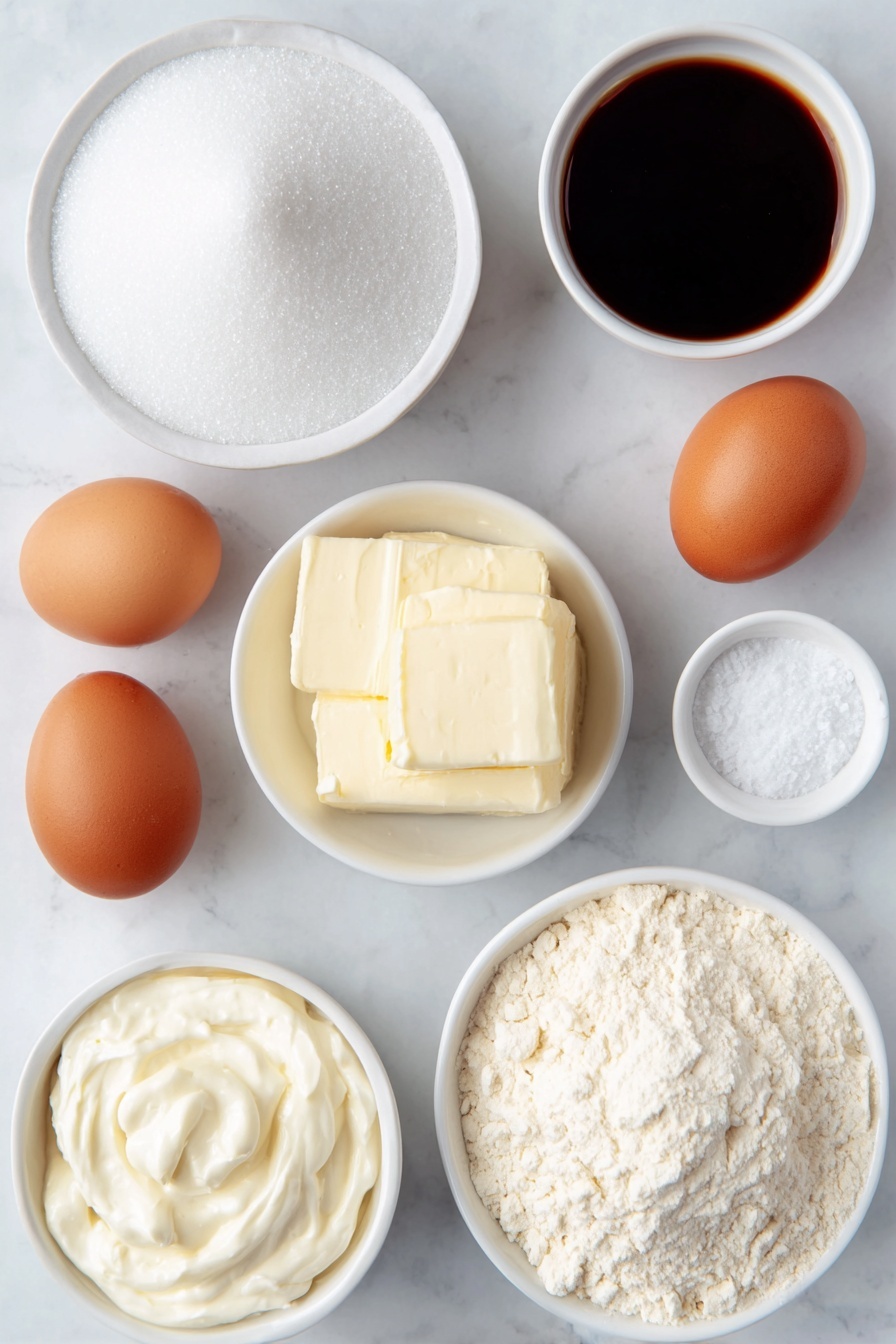 Fluffy French Butter Cake, French Butter Cake Recipe, Easy French Cake, Tender Butter Cake, French Dessert - Flat lay of a small white ceramic bowl of granulated sugar, a small white ceramic bowl with softened unsalted butter, three whole brown eggs with clean shells, a small white ceramic bowl of pale vanilla extract, a small white ceramic bowl of sifted cake flour, a small white ceramic bowl containing baking powder, a small white ceramic bowl of fine salt, a small white ceramic bowl of thick sour cream, and a small white ceramic bowl with granulated sugar for topping, all arranged in perfect symmetry and balanced proportions, placed on a clean white marble surface, soft natural light, photo taken with an iPhone, professional food photography style, fresh ingredients, white ceramic bowls, no bottles, no duplicates, no utensils, no packaging --ar 2:3 --v 7 --p awthu7i m7354615311229779997