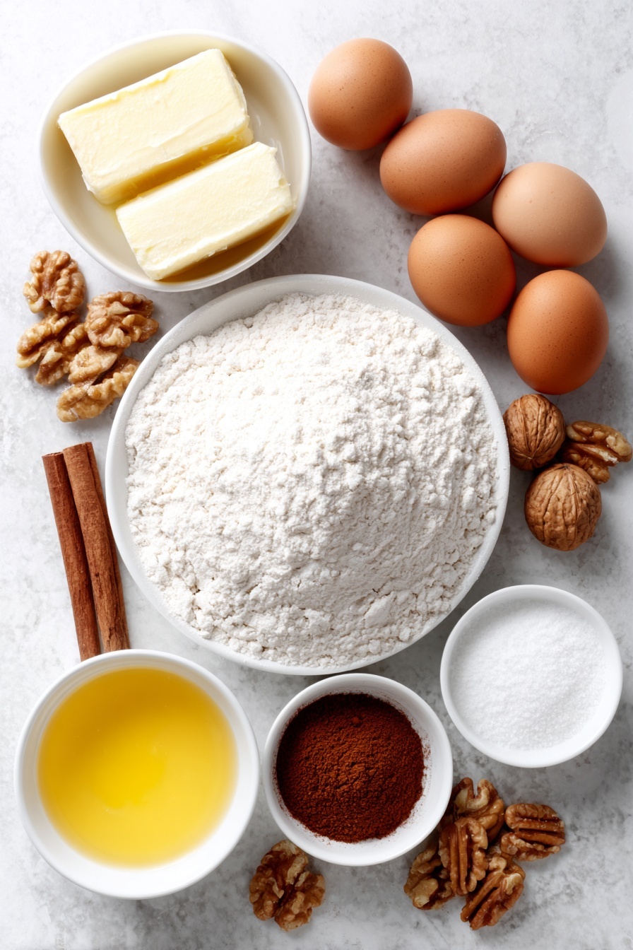 Gluten-Free Greek Honey Cake, gluten-free honey cake, Greek honey cake recipe, moist gluten-free cake, honey glaze cake - Flat lay of a small mound of gluten free flour blend, a few scattered whole walnuts, a whole cinnamon stick, a small pile of ground cinnamon powder, three brown eggs with clean shells, a small white ceramic bowl with softened butter, a small white ceramic bowl of white sugar, a small white ceramic bowl of honey, a small white ceramic bowl of water, a small white ceramic bowl of fresh orange zest, a small white ceramic bowl of fresh lemon juice, a small white ceramic bowl of milk, placed on a clean white marble surface, soft natural light, photo taken with an iPhone, professional food photography style, fresh ingredients, white ceramic bowls, no bottles, no duplicates, no utensils, no packaging --ar 2:3 --v 7 --p m7354615311229779997