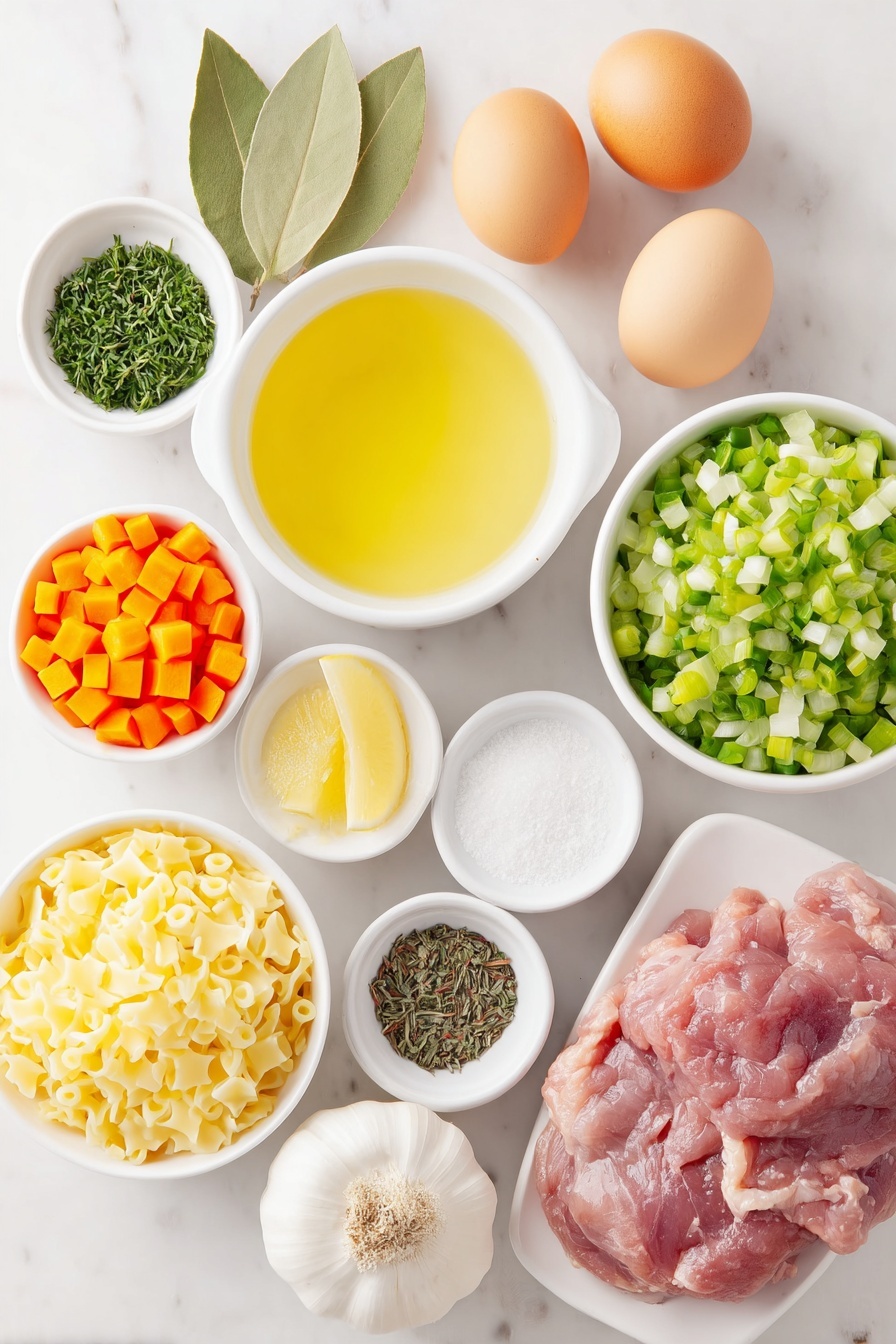 Lemon Chicken Soup with Orzo, lemon chicken soup, comforting chicken soup, easy lemon soup, healthy chicken and orzo soup - Flat lay of a small white ceramic bowl of golden olive oil, a small white bowl of finely chopped yellow onion, a small white bowl of diced bright orange carrots, a small white bowl of finely chopped light green celery, a small white bowl of peeled garlic cloves, whole uncracked brown eggs, two fresh bay leaves, fresh raw boneless, skinless chicken breasts with pink flesh, a small white bowl filled with dry pale yellow orzo pasta, a small white bowl of freshly squeezed lemon juice, a small white bowl of ground black pepper, a small white bowl of dried green parsley, a small white bowl of dried light brown thyme, a small white bowl of fine white salt, and a large white ceramic bowl filled with clear chicken broth, placed on a clean white marble surface, soft natural light, photo taken with an iPhone, professional food photography style, fresh ingredients, white ceramic bowls, no bottles, no duplicates, no utensils, no packaging --ar 2:3 --v 7 --p m7354615311229779997