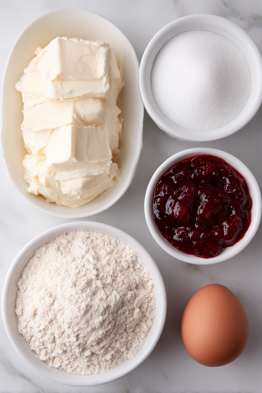 Raspberry Jam Bars Five Ingredient, easy raspberry jam bars, simple dessert recipe, no-bake raspberry bars, quick fruit bar dessert - Flat lay of a small mound of unsalted butter softened to room temperature, a small white ceramic bowl filled with all-purpose flour, a small white ceramic bowl holding granulated sugar, one whole uncracked brown egg, and a small white ceramic bowl containing vibrant red seedless raspberry jam, all arranged with perfect symmetry and realistic proportions, placed on a clean white marble surface, soft natural light, photo taken with an iPhone, professional food photography style, fresh ingredients, white ceramic bowls, no bottles, no duplicates, no utensils, no packaging --ar 2:3 --v 7 --p m7354615311229779997