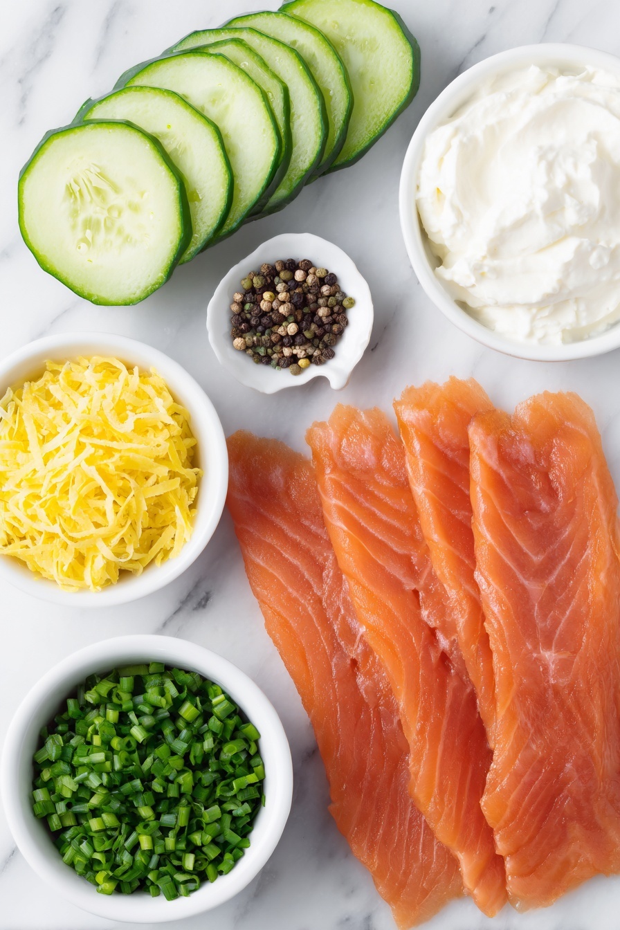 Cucumber Smoked Salmon Bites, smoked salmon appetizer, cucumber appetizer, easy party appetizers, healthy finger foods - Flat lay of a long cucumber sliced into thin rounds, delicate pieces of smoked salmon with a rich orange hue, a small white ceramic bowl of smooth cream cheese, finely minced pale green spring onion scattered beside a small white bowl of bright chopped chives, a tiny white bowl containing fresh yellow lemon zest, another small white bowl with pale yellow lemon juice, and a small mound of freshly cracked black pepper, all arranged in perfect symmetry and balanced proportions on a clean white marble surface, soft natural light, photo taken with an iPhone, professional food photography style, fresh ingredients, white ceramic bowls, no bottles, no duplicates, no utensils, no packaging --ar 2:3 --v 7 --p m7354615311229779997