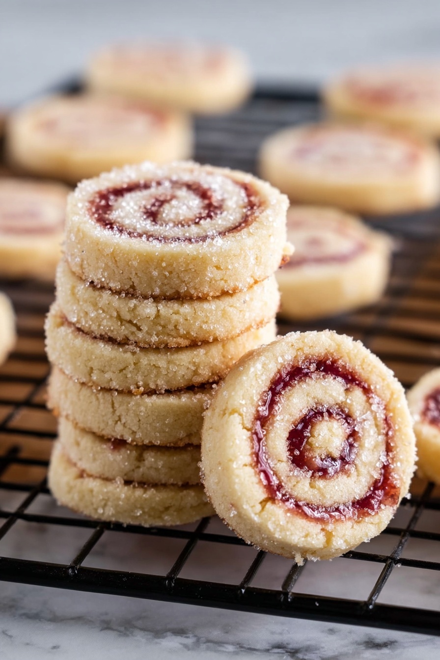 Raspberry Pinwheel Cookies, raspberry swirl cookies, festive cookie recipes, easy pinwheel cookies, raspberry jam cookies - The image shows a stack of six small round pinwheel cookies with swirls of light beige dough and pinkish-red jam in the center. The cookies are dusted with sparkling sugar crystals on top, giving a slightly rough texture. One cookie leans against the stack, revealing its spiral pattern clearly, while several more cookies are spread on a black wire cooling rack in the background. The cookies have a soft, slightly crumbly texture, and the scene is set on a white marbled surface. Photo taken with an iphone --ar 2:3 --v 7
