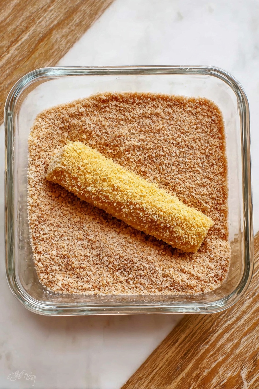 Cinnamon Roll French Toast Roll Ups, breakfast roll ups with cinnamon and French toast, easy French toast roll ups with cinnamon, gooey cinnamon breakfast treats, quick cinnamon roll breakfast ideas - A clear square glass container is filled with light brown breadcrumbs, creating a fine, grainy texture across the bottom. In the middle, a single, elongated food item coated in yellow batter rests partially covered by breadcrumbs, with a slightly rough texture from the coating. The scene is set on a white marbled surface, showing some wooden edge at the top. photo taken with an iphone --ar 2:3 --v 7