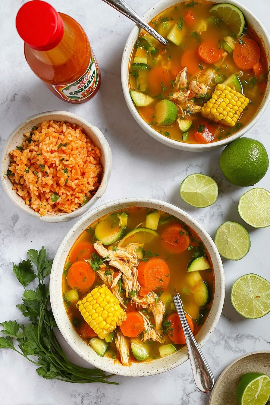 Mexican Chicken Vegetable Soup, hearty Mexican chicken soup, healthy Mexican chicken soup, easy Mexican chicken soup, flavorful vegetable soup - The image shows two white bowls of soup filled with several layers of colorful ingredients starting with a clear broth base, followed by pieces of shredded light-colored chicken, round orange carrot slices, green zucchini chunks, and a bright yellow section of corn on the cob placed in the middle. One bowl includes a lime wedge resting on the rim, while silver spoons sit inside both bowls. Next to the bowls, a small white bowl contains orange-colored rice with some chopped vegetables. Surrounding the dishes are a few lime wedges, fresh green parsley sprigs, and a bottle of orange hot sauce with a red cap, all set on a white marbled surface. Photo taken with an iphone --ar 2:3 --v 7