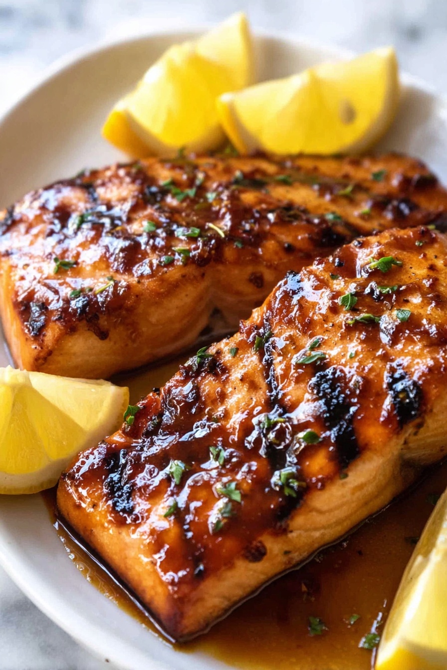 Grilled Salmon with Honey Soy Marinade, honey soy salmon, grilled fish recipe, easy salmon marinade, healthy seafood dishes - The image shows two pieces of grilled salmon placed close to each other on a white plate with a white marbled surface in the background. Each salmon piece has a shiny, golden-brown glaze with some darker char marks and small bits of herbs visible on top. One piece is topped with a thin lemon slice, while the other piece has no topping. A woman's hand is holding a spoon above the salmon, pouring a thick, golden sauce over the fish, which creates a drip mid-flow. To the right side of the plate, a lemon wedge is placed, adding a yellow contrast. The overall look is rich and fresh, emphasizing the glazed texture and juicy appeal of the salmon photo taken with an iphone --ar 2:3 --v 7