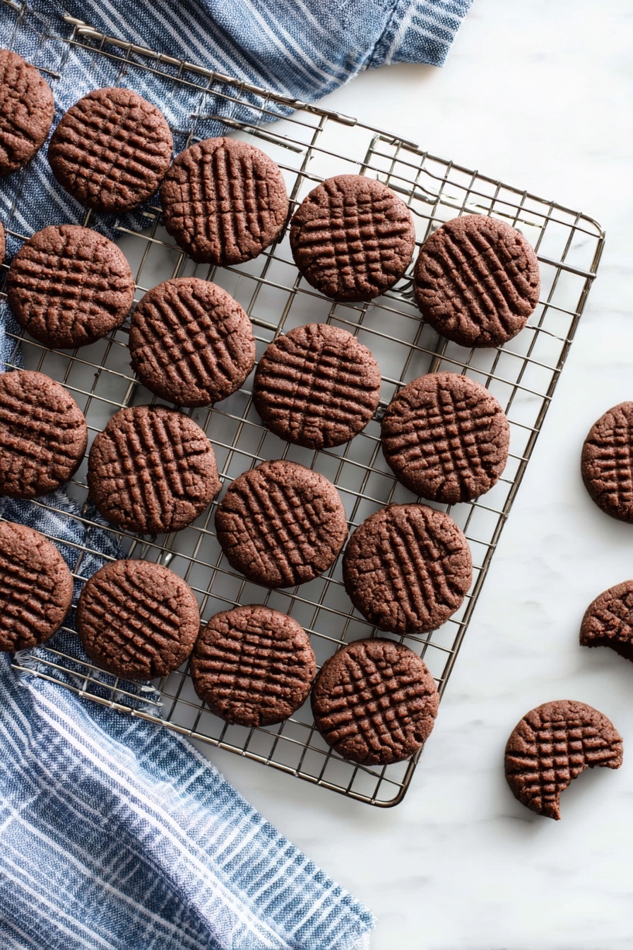 Chocolate Peanut Butter Cookies, Peanut Butter Chocolate Cookies, Easy Peanut Butter Cookies, Fudgy Peanut Butter Cookies, Quick Chocolate Cookies - A metal wire cooling rack filled with two rows of small, round, dark brown chocolate cookies, each with a crosshatch pattern pressed into the top. Below and around the rack, a white marbled surface partly covered with a blue and white striped cloth is visible. A few cookies are scattered near the bottom right edge of the rack, with one cookie showing a bite taken out of it. The overall feel is warm and fresh from baking. photo taken with an iphone --ar 2:3 --v 7