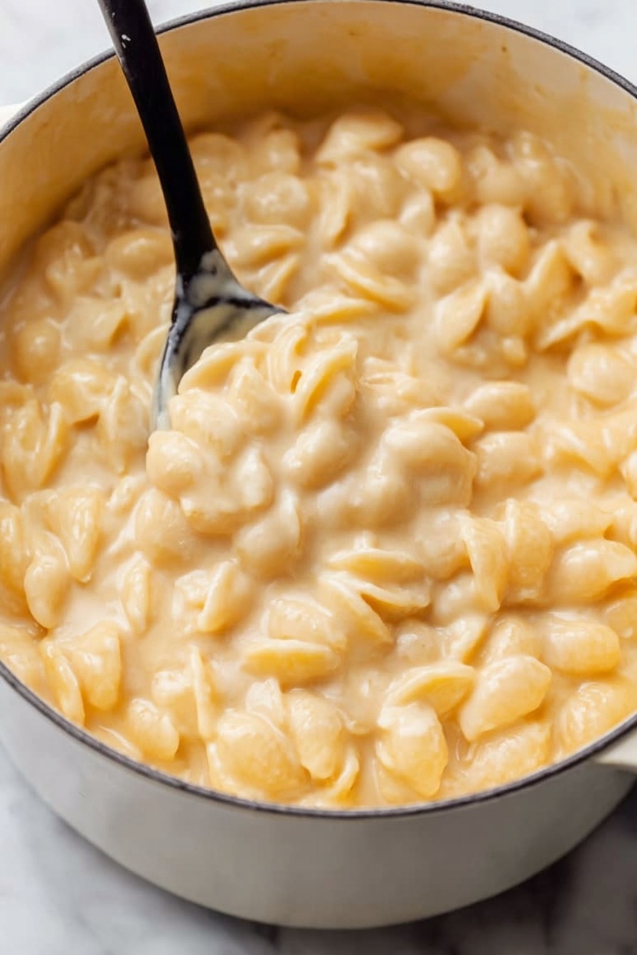 Copycat Panera Mac and Cheese, homemade cheesy pasta, easy comfort food recipes, creamy cheese sauce, quick and delicious macaroni - A close-up view of a pot filled with creamy macaroni and cheese. The dish has one main layer of small pasta shells coated in a thick, smooth, pale yellow cheese sauce with a slightly shiny texture. A black spoon lifts a scoop from the pot, showing the cheesy sauce clinging to the pasta shells. The pot rests on a white marbled surface, giving the scene a clean and simple look. photo taken with an iphone --ar 2:3 --v 7