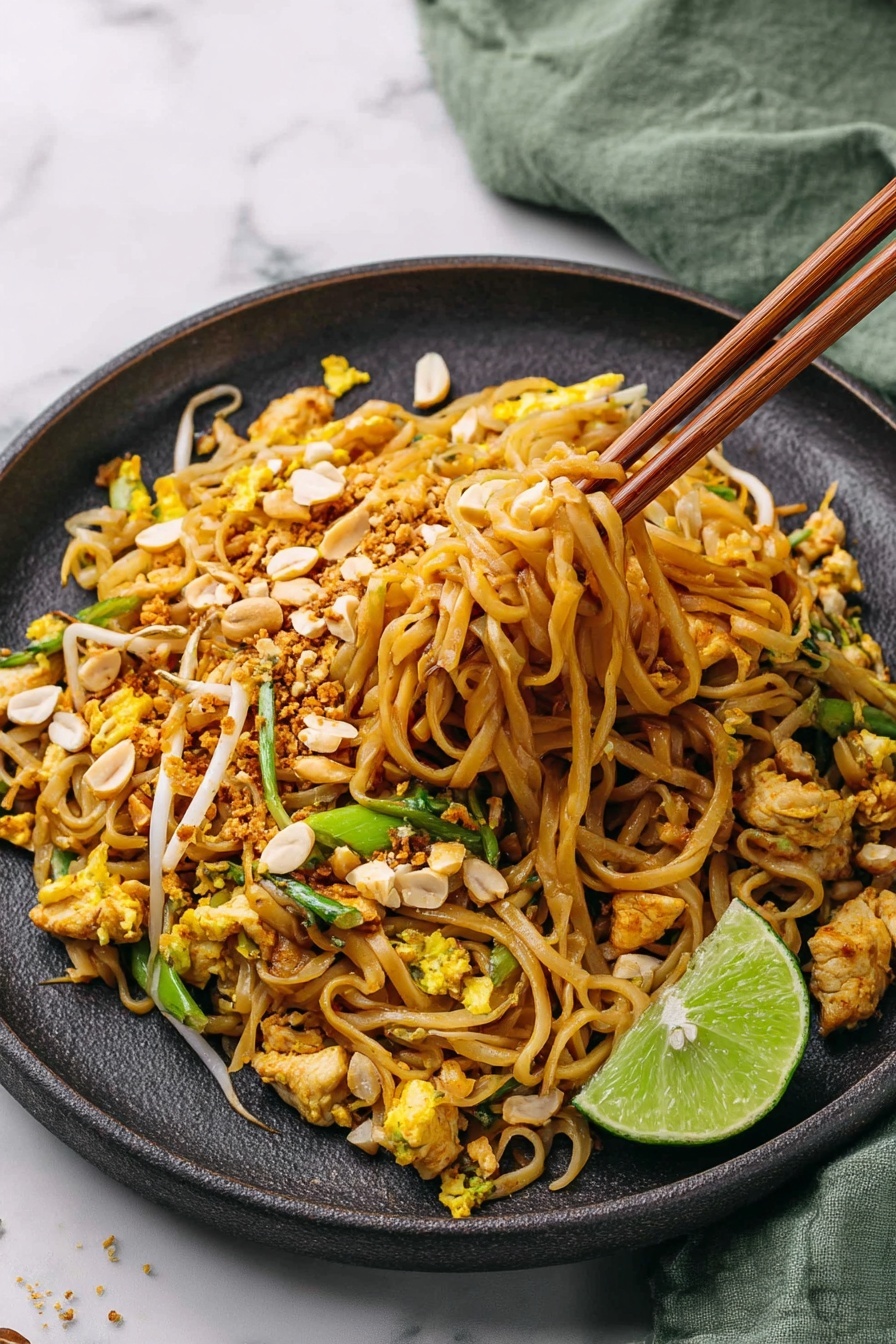 Easy Chicken Pad Thai, Chicken Pad Thai recipe, authentic Thai Chicken Pad Thai, quick Chicken Pad Thai, homemade Chicken Pad Thai - A dark round plate holds a pile of stir-fried noodles mixed with small pieces of light brown chicken and scrambled egg in yellow chunks. Bright green vegetable pieces are scattered throughout, with white sliced peanuts sprinkled on top. A wedge of lime rests on the side of the plate. A pair of wooden chopsticks lifts a twisted clump of noodles from the right side of the plate. The scene is set on a white marbled surface with a soft green cloth in the background. Photo taken with an iphone --ar 2:3 --v 7