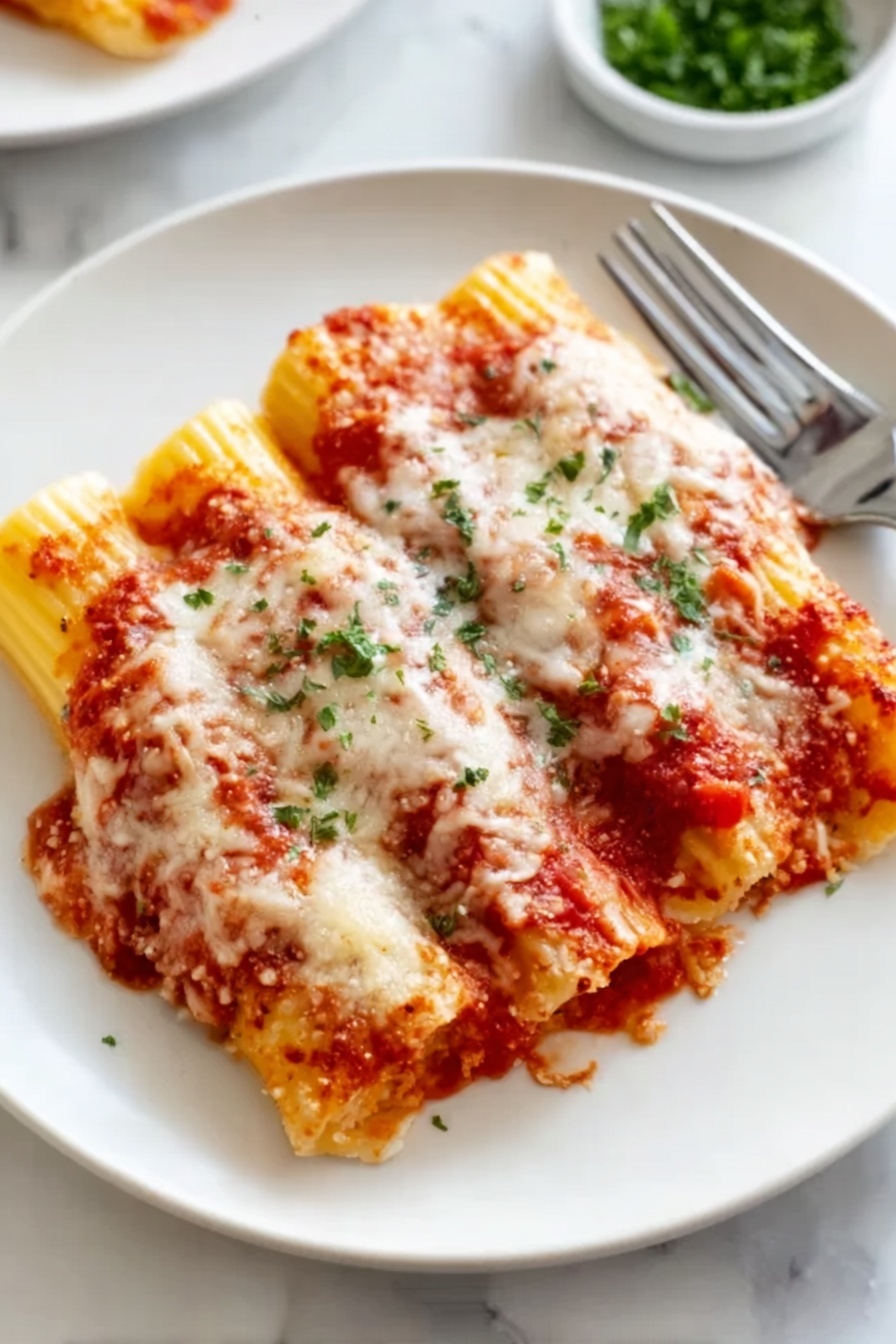 Easy Manicotti with Ricotta and Tomato Sauce, cheesy manicotti dish, homemade Italian manicotti, simple baked pasta recipes, crowd-pleasing Italian dinners - The image shows three stuffed pasta shells on a white plate, covered with melted white cheese and bright red tomato sauce. The pasta shells are golden yellow with a slightly textured surface, and the cheese is soft and bubbly with small patches of light brown where it has browned. The tomato sauce has a chunky texture with bits of tomato and herbs mixed in. Small green parsley flakes are sprinkled on top for color. Next to the plate, a silver fork rests on a white marbled tabletop. Photo taken with an iphone --ar 2:3 --v 7