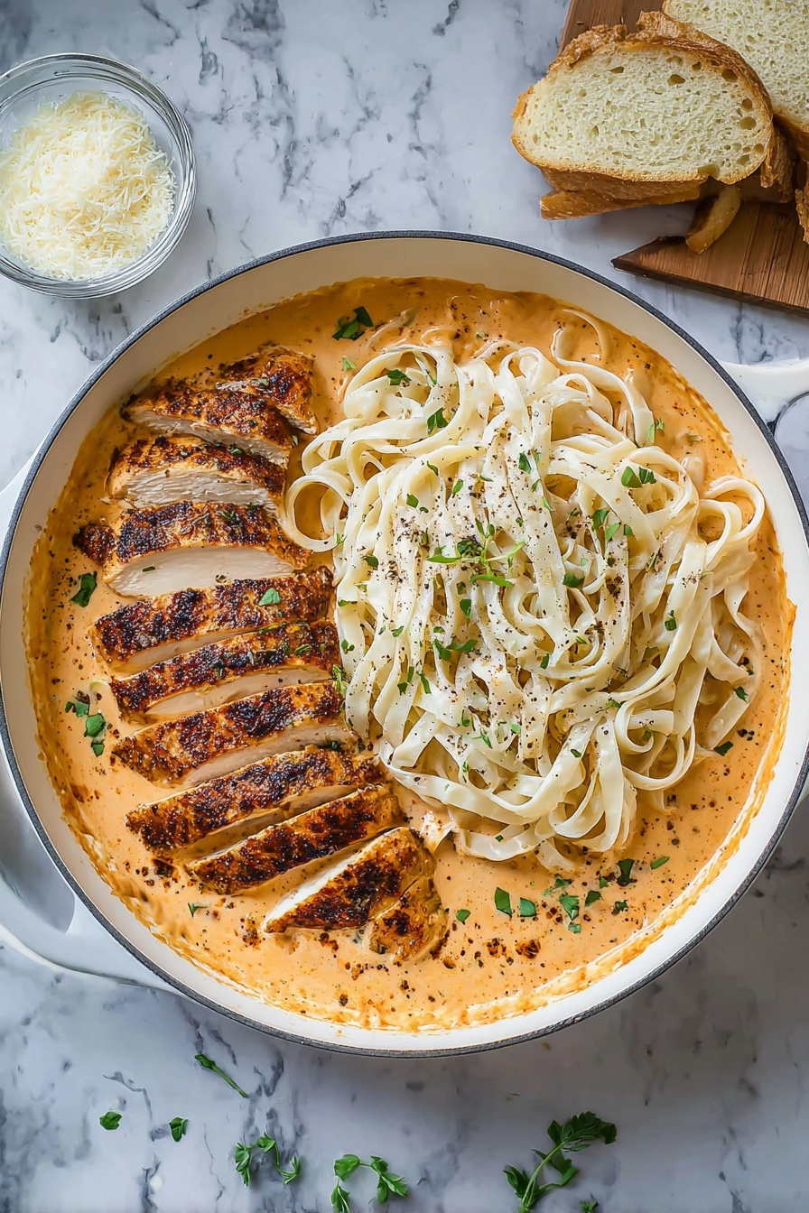 Creamy Cajun Chicken Pasta, Cajun chicken pasta recipe, spicy creamy pasta, easy Cajun pasta dish, quick dinner ideas - A white round pan filled with creamy orange sauce covers the bottom layer, topped with two sections of white fettuccine pasta, loosely piled with a smooth texture and sprinkled with black pepper. On the left side, sliced grilled chicken with a crispy, dark brown crust is layered neatly over the sauce. Small green herb leaves are scattered over the chicken and pasta for garnish. A small glass bowl with grated cheese sits nearby on a white marbled surface along with two slices of bread. Photo taken with an iphone --ar 2:3 --v 7