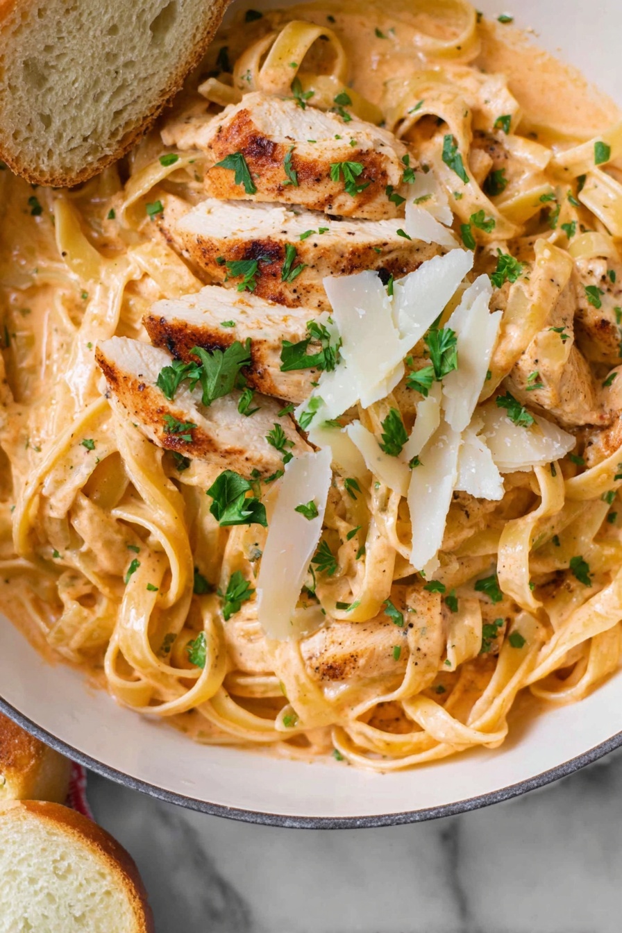 Creamy Cajun Chicken Pasta, Cajun chicken pasta recipe, spicy creamy pasta, easy Cajun pasta dish, quick dinner ideas - A white bowl filled with creamy fettuccine pasta covered in a light orange sauce, mixed with grilled sliced chicken pieces that have a golden brown outside. On top, there are scattered green parsley leaves and thin white shavings of cheese. The sauce looks smooth and well-coated around the thick pasta strands. The bowl sits on a white marbled surface with a slice of light bread partially shown at the bottom left corner. photo taken with an iphone --ar 2:3 --v 7