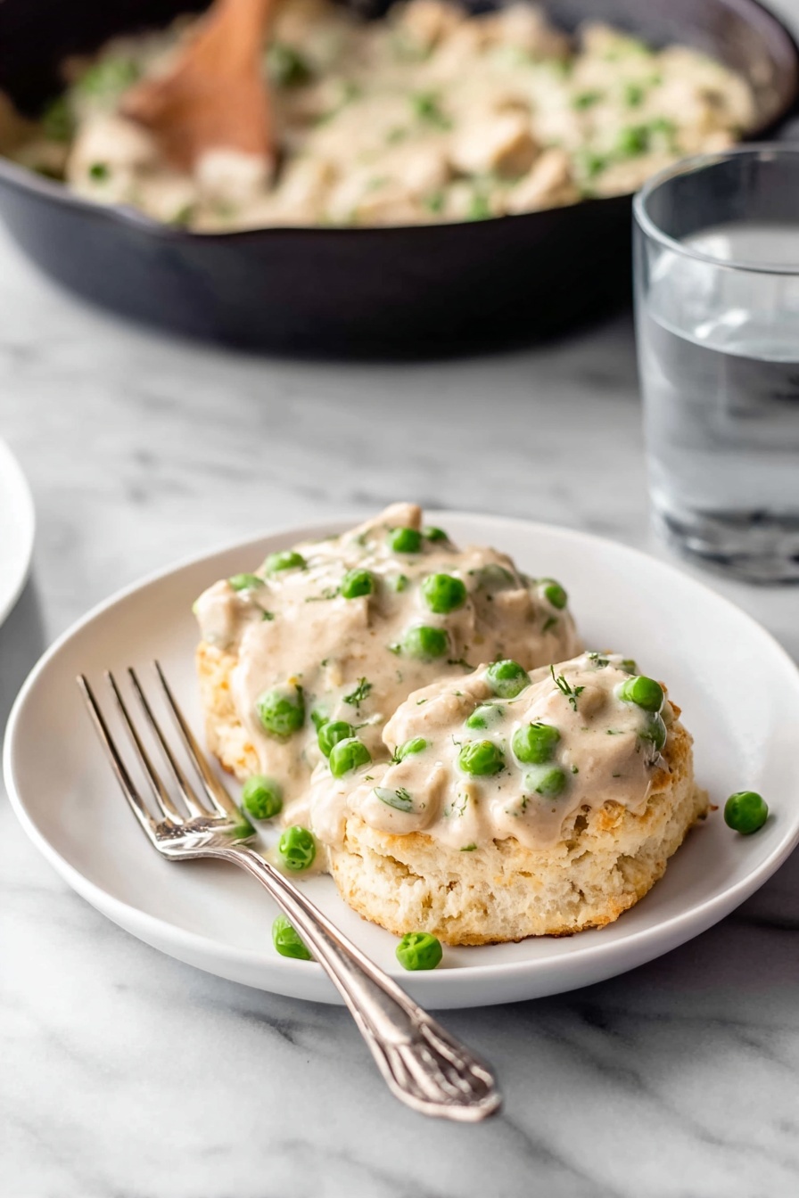 Creamed Chicken Over Biscuits, Creamed Chicken recipe, savory chicken and biscuits, comforting chicken dinner, easy weekend brunch ideas - A white plate holds a fluffy biscuit broken into two halves, with a creamy sauce covering both pieces. The sauce is thick and beige in color, mixed with bright green peas and small chunks of white meat, spread evenly over the biscuit. To the left side of the plate, there is a silver fork resting with the handle pointing outward. The plate sits on a white marbled surface. In the background, slightly blurred, there is a black skillet with more creamy sauce inside and a wooden spoon resting on it. To the right, a tall clear glass filled with water is visible. photo taken with an iphone --ar 2:3 --v 7