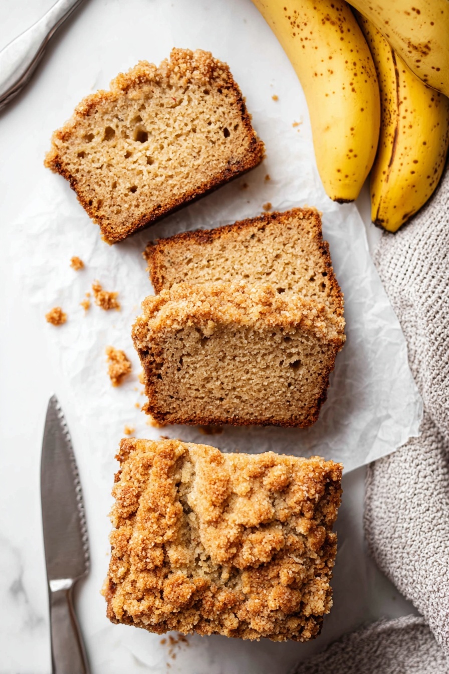 Whole Wheat Banana Bread with Cinnamon Crumble, healthy banana bread, healthy banana bread, moist banana bread, cinnamon crumble banana bread - The image shows slices of a crumbly brown cake with a rough texture. There are at least three slices visible, stacked unevenly on a white marbled surface with some crumbs scattered around. The cake looks dense with a slightly darker crust and a lighter brown inside. The background is softly blurred but shows a hint of yellow, possibly fruit. Photo taken with an iphone --ar 2:3 --v 7