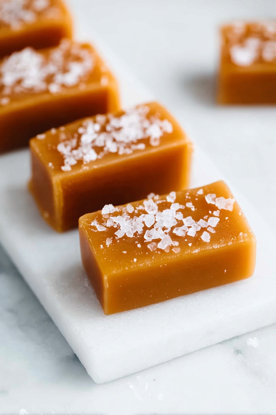 Homemade Salted Caramels, salted caramel recipe, easy homemade caramels, chewy caramel candies, salted caramel candies - The image shows two thick caramel squares placed on a small white marble slab, each topped with coarse sea salt flakes. The caramel has a smooth and shiny texture with a rich golden-brown color. The background is a soft, out-of-focus white marble surface that highlights the warm tones of the caramel and the delicate salt crystals on top. The overall look is clean and simple, focusing on the rich texture and color contrast between the caramel and salt. photo taken with an iphone --ar 2:3 --v 7