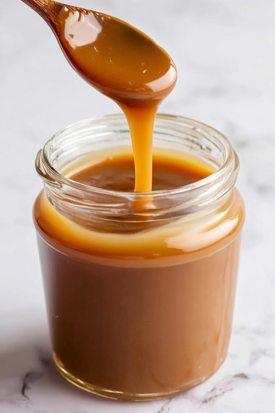 Homemade Caramel Sauce, caramel sauce recipe, easy caramel sauce, how to make caramel sauce, caramel sauce without store-bought - A clear glass jar filled nearly to the top with smooth, shiny caramel sauce that has a rich golden brown color. A wooden spoon is held just above the jar, dripping thick caramel back into the jar, showing the sauce’s thick but flowing texture. The background and surface underneath are white with a subtle marbled look, making the warm caramel color stand out. photo taken with an iphone --ar 2:3 --v 7