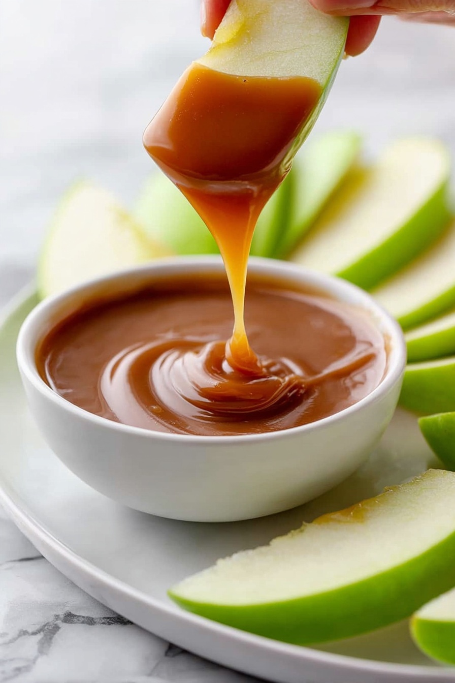 Homemade Caramel Sauce, caramel sauce recipe, easy caramel sauce, how to make caramel sauce, caramel sauce without store-bought - A white bowl filled with shiny caramel sauce is in the center, with caramel dripping off a green apple slice being held by a woman's hand above it. Around the bowl, there are several green apple slices arranged in a fan shape on a white plate. The surface below is a white marbled texture. The caramel sauce looks smooth and thick, and the apple slices are fresh and crisp, showing their juicy inside. photo taken with an iphone --ar 2:3 --v 7