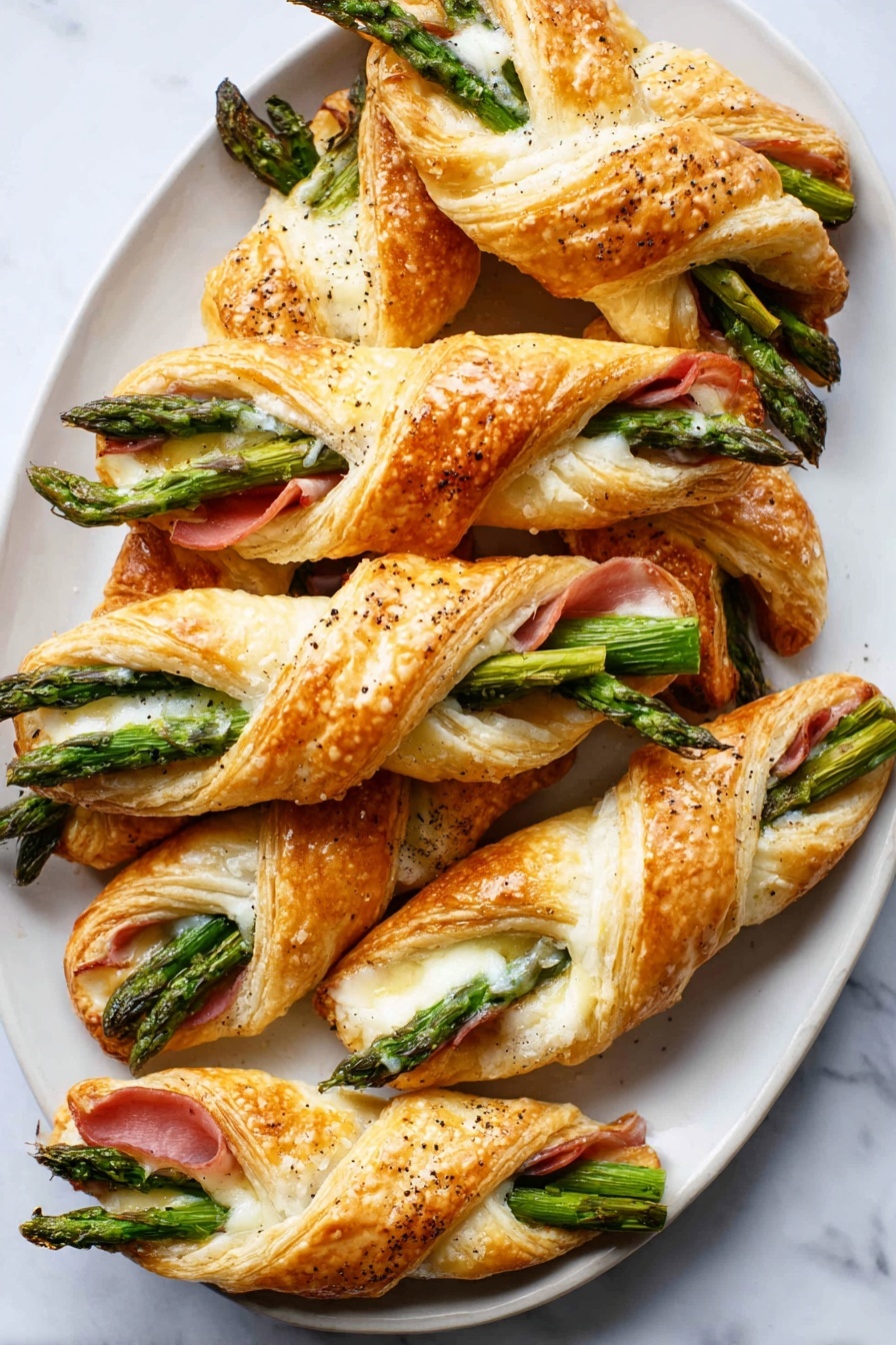 Asparagus Puff Pastry Bundles, easy asparagus appetizer, flaky puff pastry recipes, prosciutto and asparagus bites, elegant appetizer ideas - The image shows a white oval plate full of golden brown puff pastry twists. Each twist has three to four bright green asparagus spears sticking out from the open ends. Inside the puff pastry, melted white cheese is visible, along with thin slices of pink ham peeking through. The pastry has a slightly shiny surface with small black pepper specks on top. The plate is placed on a white marbled surface, creating a clean contrast with the warm colors of the food. photo taken with an iphone --ar 2:3 --v 7