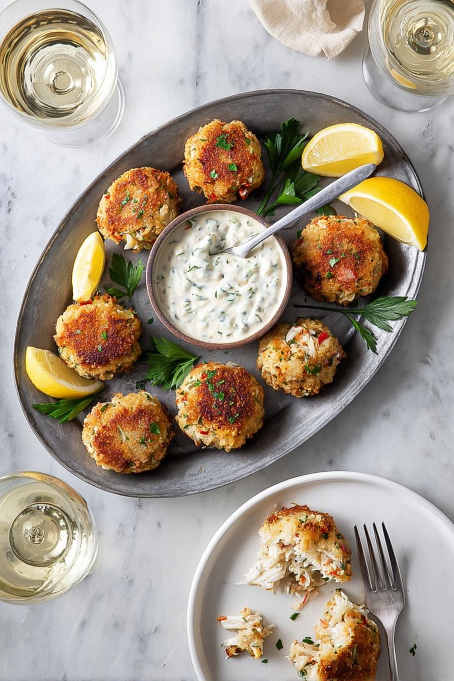 Crispy Crab Cake Poppers Spicy Aioli, Crab Cake Bites with Spicy Aioli, Easy Seafood Appetizer, Crispy Crab Snacks, Party Crab Poppers - The image shows a gray metal oval plate on a white marbled surface holding eight golden-brown crab cakes with visible bits of red and green inside. In the center of the plate is a white bowl filled with a creamy white sauce with green herbs mixed in, and a spoon inside it. Lemon wedges and green parsley sprigs are placed around the plate for garnish. Next to this plate, on the bottom right, a white plate holds two crab cakes with some sauce on the side, and a fork cutting into one crab cake showing a light interior filled with crab meat and herbs. Two glasses of white wine are visible at the top left corner. Photo taken with an iphone --ar 2:3 --v 7