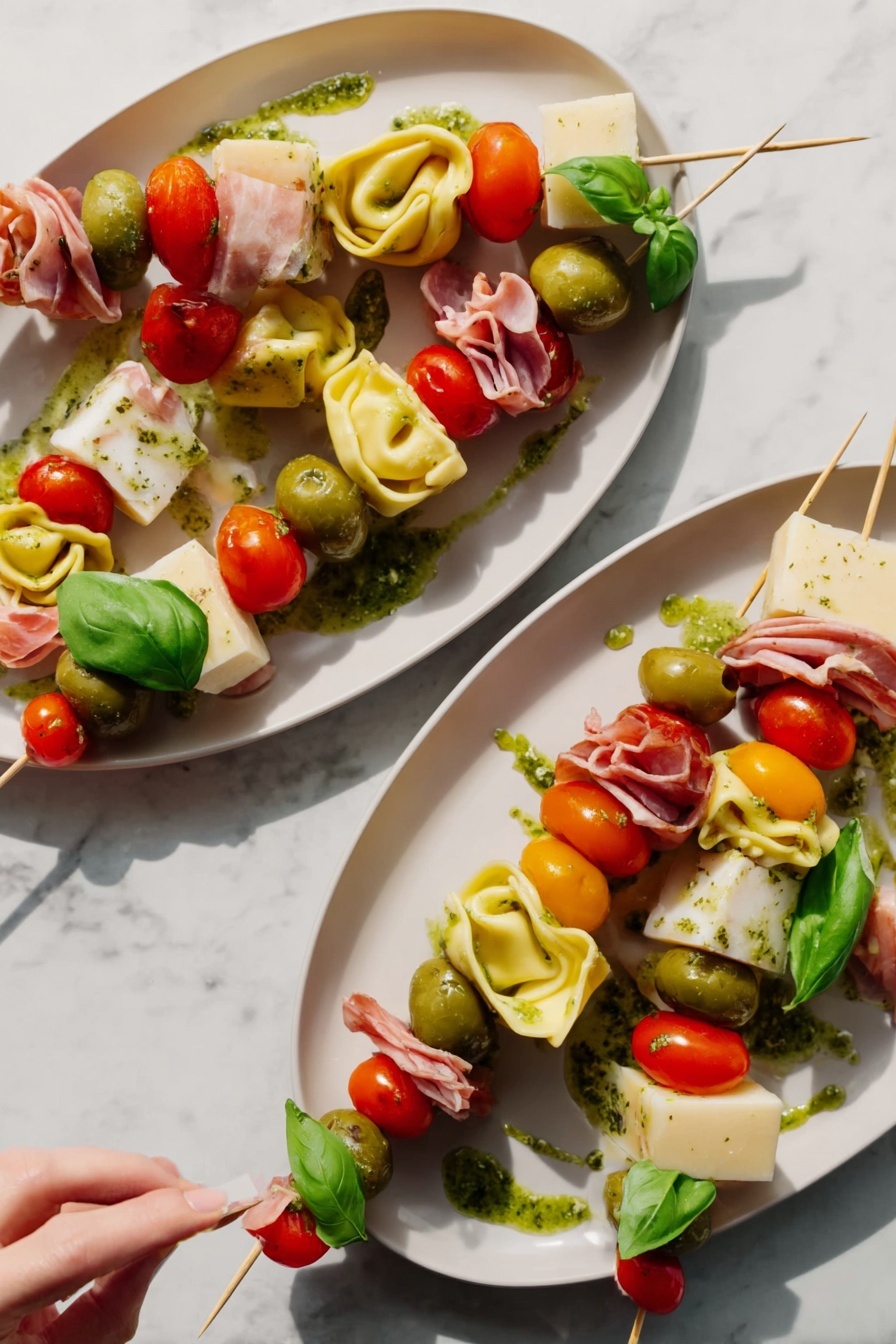 Antipasto Skewers with Tortellini and Cheese, easy antipasto appetizer, party appetizer recipes, skewered antipasto platter, savory appetizer ideas - The image shows white oval plates on a white marbled surface, each holding colorful food skewers. Each skewer has multiple layers starting with a green olive or cherry tomato followed by folded light pink cold cuts, a folded yellow tortellini pasta, a bright green basil leaf, a block of pale yellow cheese, and more cherry tomatoes. Some green sauce is drizzled on the white plates around the skewers, and a woman's hand is reaching to pick one from the lower plate. The scene is bright and clean with vivid colors on a simple white marble background photo taken with an iphone --ar 2:3 --v 7
