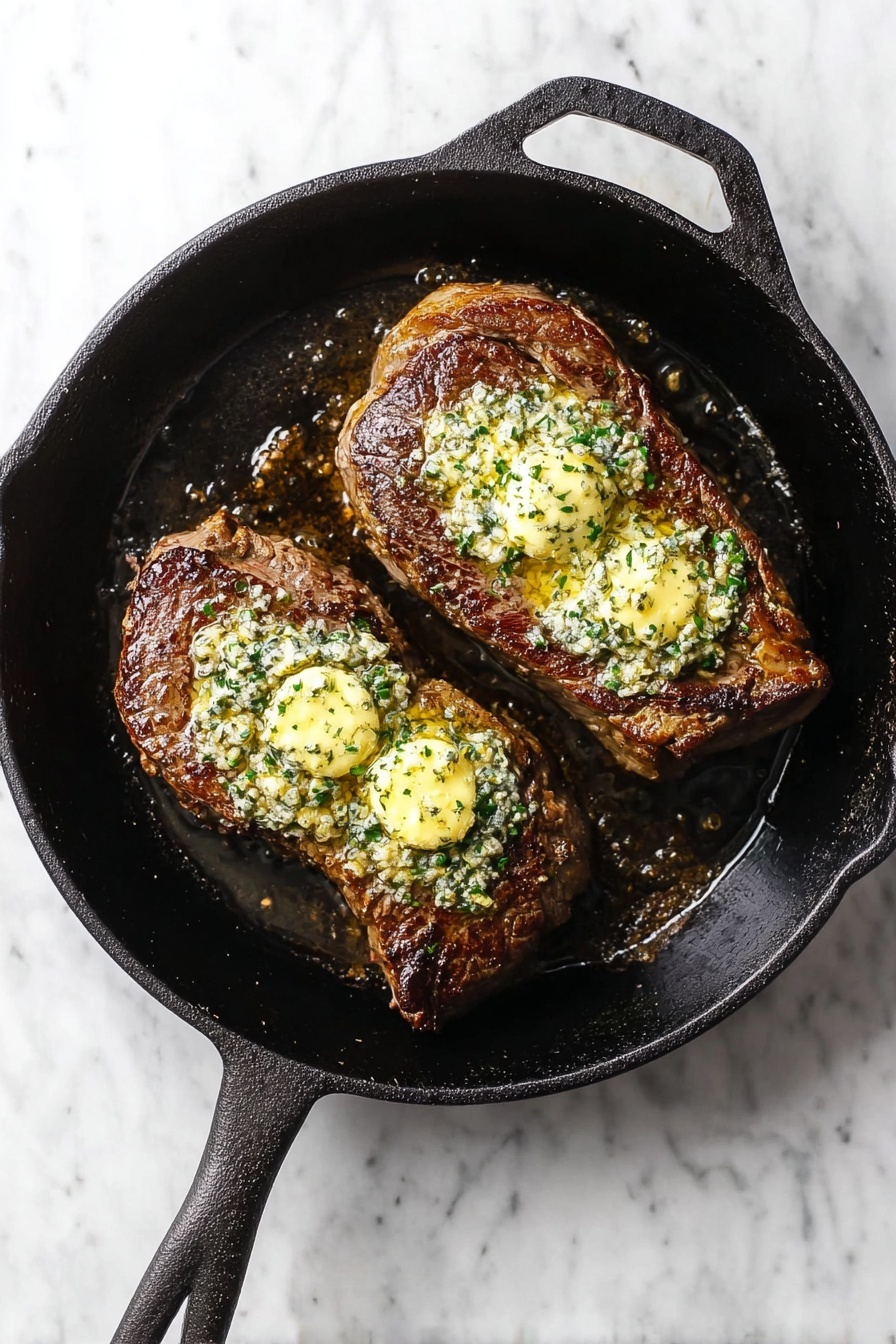 Herbed Garlic Beef Tenderloin Roast, beef tenderloin main dish, garlic herb roast, elegant beef roast recipe, juicy beef tenderloin - Two cooked steaks rest inside a black cast iron pan placed on a white marbled surface. Each steak has a seared brown exterior with a slightly crisp texture on top. Generous dollops of melted herb butter, yellow with bits of green herbs, sit on each steak, spreading slightly and adding a creamy contrast to the rich meat. The pan has a handle to the right and shows some cooking marks and oils around the steaks. Photo taken with an iphone --ar 2:3 --v 7