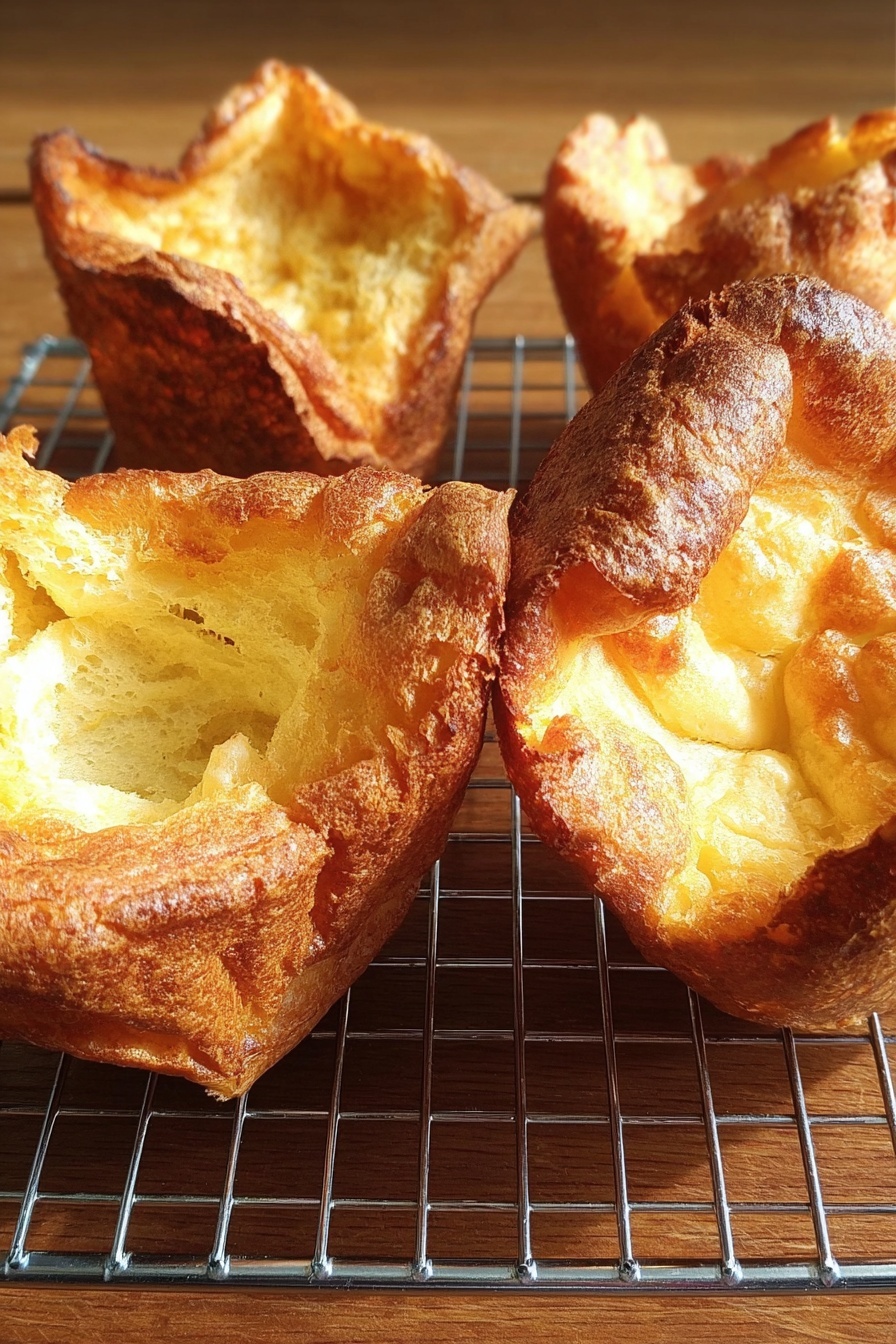 Classic Yorkshire Pudding, Yorkshire Pudding recipe, perfect Yorkshire pudding, homemade Yorkshire pudding, how to make Yorkshire pudding - The image shows four pieces of light golden brown popovers with a crispy, uneven outer crust and soft, hollow centers with a slightly fluffy texture. They are placed on a silver wire rack, which sits on a wooden surface, all under natural soft light enhancing the warm tones and the crispy texture of the popovers. photo taken with an iphone --ar 2:3 --v 7