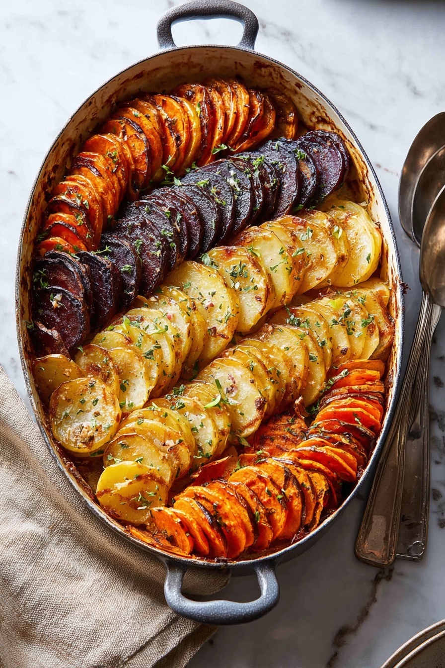 Cheesy Root Vegetable Gratin, root vegetable gratin, cheesy vegetable bake, holiday side dish, comforting vegetable casserole - This dish shows an oval white metal pan with five rows of thinly sliced vegetables arranged standing up in neat, overlapping layers. Starting from the top, the first row is dark orange sweet potatoes with a slightly crispy browned edge. The second row has pale yellow sliced potatoes with a light golden crust and some green herbs on top. The third row consists of deep purple slices, possibly beets, with a shiny, roasted look and a few sprinkle of herbs. The fourth row repeats the bright orange sweet potatoes with a rich roasted color and some herbs scattered on top. The last row at the bottom shows pale yellow potatoes again with gentle browning and fresh herbs. The pan is on a white marbled surface with a beige cloth and a silver spoon to the right. Photo taken with an iphone --ar 2:3 --v 7