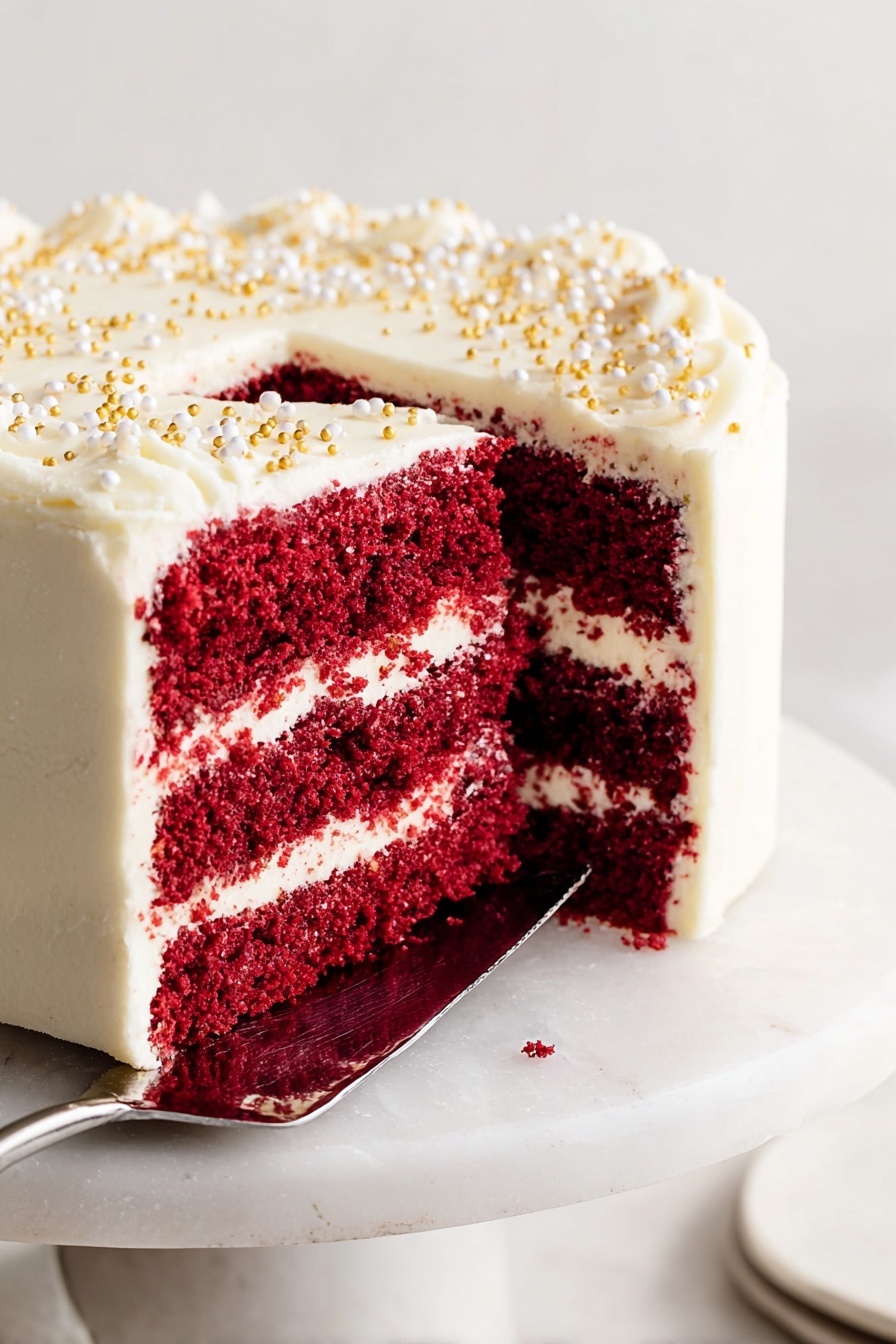 Red Velvet Cake with Cream Cheese Frosting, moist red velvet cake, classic cream cheese frosting, birthday cake recipes, indulgent dessert ideas - The image shows a three-layer red velvet cake with rich red layers separated by white creamy frosting. The outside of the cake is covered in smooth white frosting, decorated with small white and gold round sprinkles on top. The cake slice is lifted slightly with a silver cake server on a white marbled cake stand, against a plain light-colored background. Photo taken with an iphone --ar 2:3 --v 7