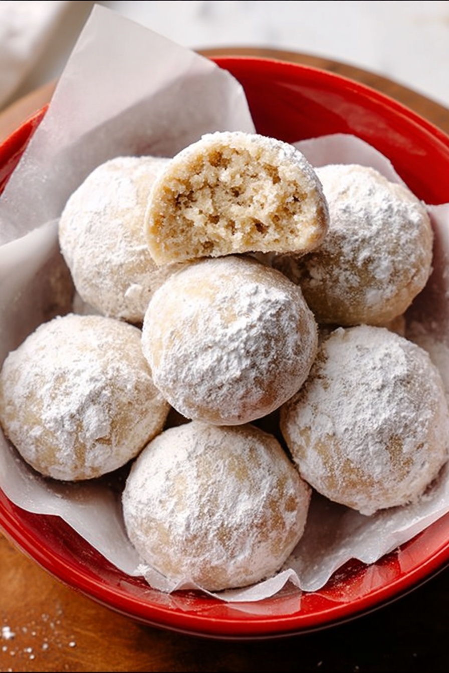 Snowball Cookies, Snowball Cookies Recipe, buttery nutty cookies, holiday cookie ideas, festive dessert recipes - A red bowl filled with round cookies covered in white powdered sugar. The cookies are pale beige with a rough but soft texture, and one cookie near the top is broken showing a dense, crumbly inside of a light beige color. The powdered sugar is thickly dusted, especially on the top cookies, making their surface look snowy and textured. The bowl is lined with white paper. Photo taken with an iphone --ar 2:3 --v 7