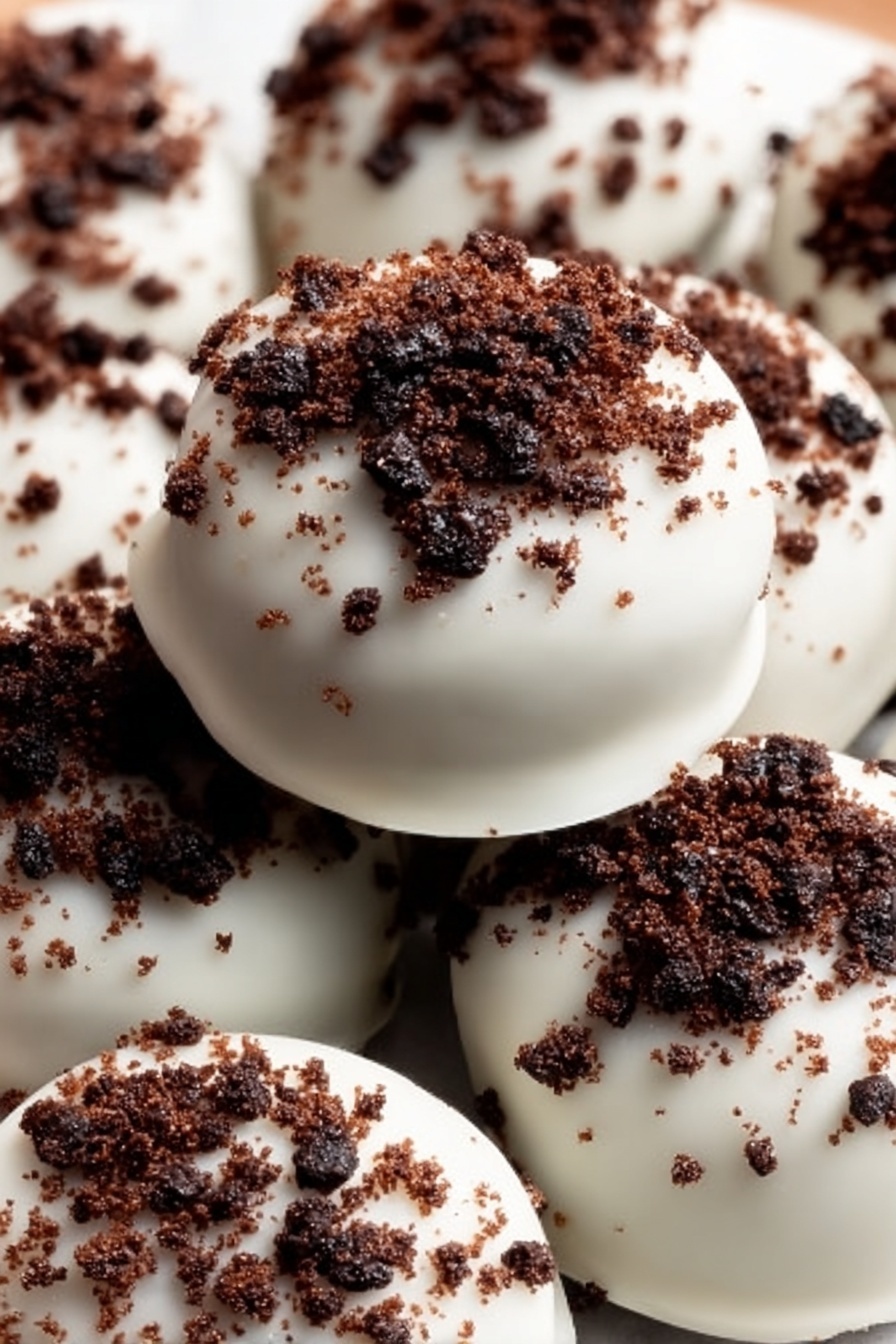 Easy Oreo Truffles, Oreo Truffles Recipe, no-bake Oreo desserts, chocolate truffles with Oreos, quick Oreo treats - A close-up view of round bite-size treats arranged in several layers on a wooden plate. Each treat has a smooth white outer layer with a slightly shiny texture, topped with dark brown crumbly bits that add a rough texture. The treats are densely packed, overlapping each other, showing contrast between the bright white coating and the textured dark topping. The background is a white marbled surface. photo taken with an iphone --ar 2:3 --v 7