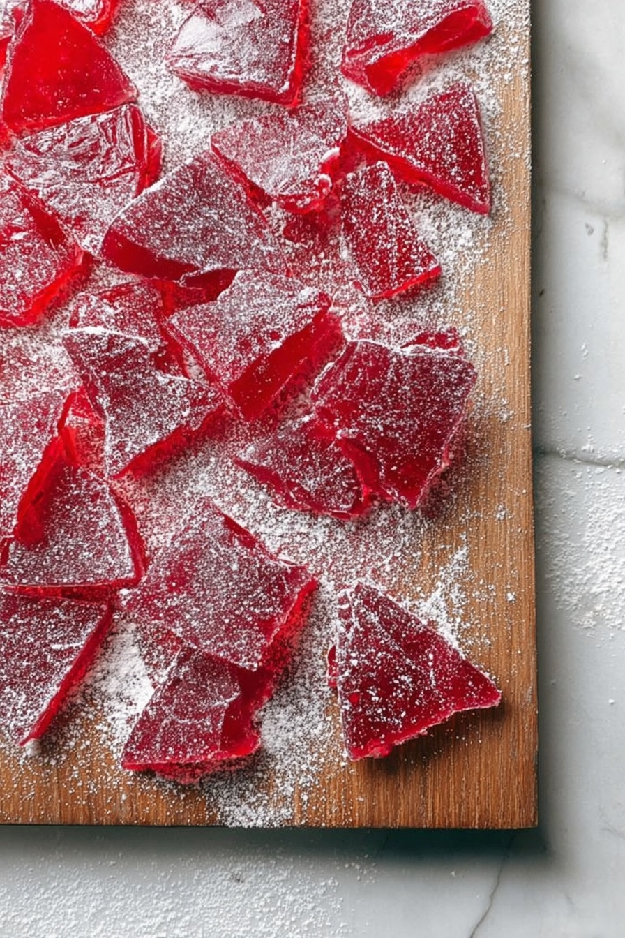 Cinnamon Rock Candy, cinnamon candy recipe, homemade rock candy, spicy crystal candy, easy rock candy tutorial - The image shows many pieces of bright red candy with a shiny, glass-like texture scattered over a wooden board. The candy is broken into various shapes and sizes, some triangular and some irregular, all dusted with a light layer of white powdered sugar. The wooden board stands on a white marbled surface with some powdered sugar spilled outside the board, adding contrast to the scene. photo taken with an iphone --ar 2:3 --v 7