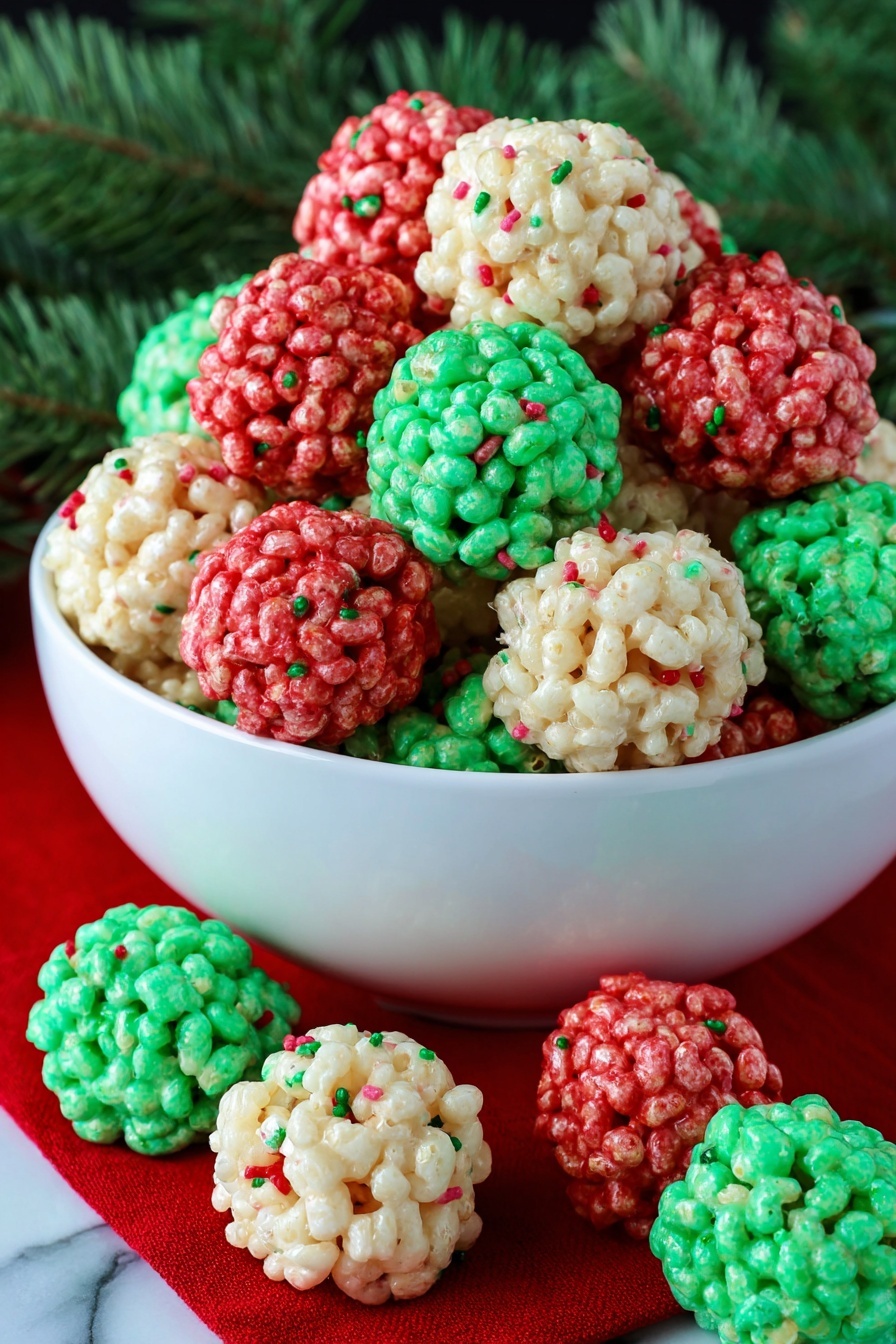 Christmas Rice Krispie Treat Bites, festive holiday treats, no-bake Christmas desserts, colorful holiday snacks, quick Christmas treats - A white bowl full of small, round rice cereal treats in three colors: creamy white, bright red, and bright green, each ball showing a bumpy, sticky texture with tiny colorful sprinkles throughout. The balls are piled high inside the bowl with a few placed outside on a red cloth, all set against a green pine needle background with a white marbled surface below. The image shows the rice cereal clusters close up, highlighting their shiny, textured surfaces. photo taken with an iphone --ar 2:3 --v 7