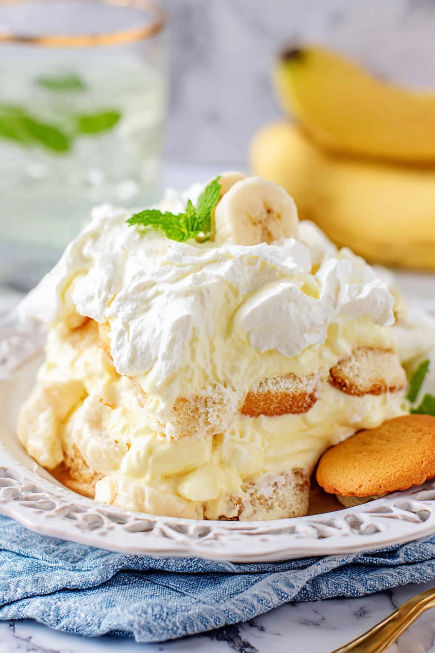 Easy Banana Pudding, banana pudding dessert, creamy banana pudding, no-bake banana pudding, homemade banana pudding - The image shows a close-up view of a creamy layered dessert on a white plate with intricate cut-out edges, sitting on a blue and white cloth on a white marbled surface. The dessert has three main layers: at the bottom and middle, there are soft cake or biscuit layers soaked in cream, pale yellow in color with some visible pieces of banana slices. Between these layers are thick, light-yellow cream fillings that look smooth and fluffy. The top layer is white whipped cream, thickly spread over the dessert, slightly uneven with soft peaks. A small bright green mint leaf and a single round, golden-yellow cookie or biscuit sit near the back of the dessert for decoration. The background includes a glass of water with mint, out of focus bananas, and a white marbled texture. photo taken with an iphone --ar 2:3 --v 7
