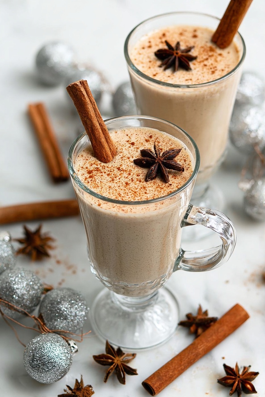 Homemade Eggnog Spiced Rum, festive eggnog recipe, creamy holiday eggnog, spiced rum eggnog, easy Christmas eggnog - A clear glass mug filled with a thick, light brown creamy drink, topped with a dusting of brown spice powder, a whole cinnamon stick placed vertically on the left side, and a dark brown star anise resting near the top right edge of the drink. The mug has a clear handle on the right side and sits on a white marbled surface with a floating star anise and whole nutmeg along with cinnamon sticks spread around it. Near the top right corner, there is a second glass filled with a similar drink topped with brown spice powder. The scene includes small silver bells to the sides, giving a cozy, festive feel. Photo taken with an iphone --ar 2:3 --v 7