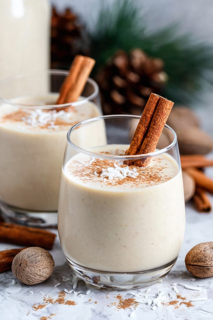 Puerto Rican Coconut Eggnog, Coquito, Coconut Eggnog Recipe, Holiday Eggnog Drink, Festive Puerto Rican Drink - Two clear glasses filled with a creamy beige drink are shown on a white marbled surface. Each glass has a single cinnamon stick standing upright in the center of the drink. The drink's top layer is smooth with a light sprinkle of brown spice powder and white coconut flakes. Around the glasses, there are whole nutmegs, cinnamon sticks, and scattered coconut flakes. In the background, a white container and some pine cones are partially visible. Photo taken with an iphone --ar 2:3 --v 7