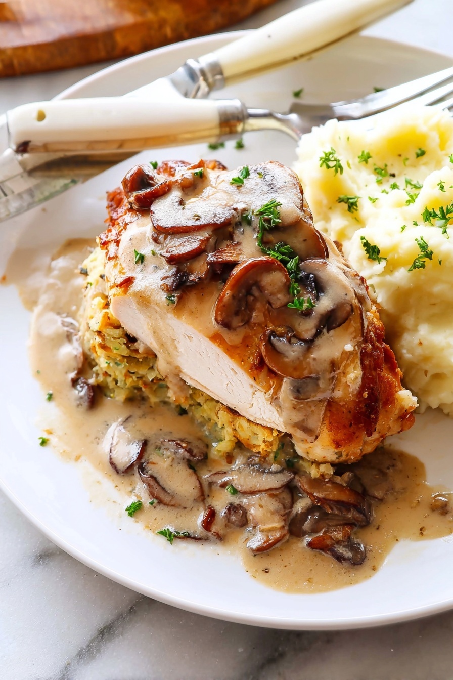 Stuffed Chicken Marsala with Mushrooms, Chicken Marsala stuffed, Creamy mushroom chicken, Elegant chicken dinner, Easy stuffed chicken breast - The image shows a dish with three main layers stacked on a white plate sitting on a white marbled surface. The bottom layer is a light golden-brown crispy base with visible green and orange bits inside, hinting at vegetables or herbs mixed in. The middle layer is thick and creamy in an orange-beige color, partially oozing onto the plate. The top layer is a smooth, light beige piece covered with a rich brown mushroom sauce dotted with small mushroom slices and green parsley leaves. Mushroom sauce also spreads around the base on the plate. There is a blurred white knife and silver fork in the background. photo taken with an iphone --ar 2:3 --v 7