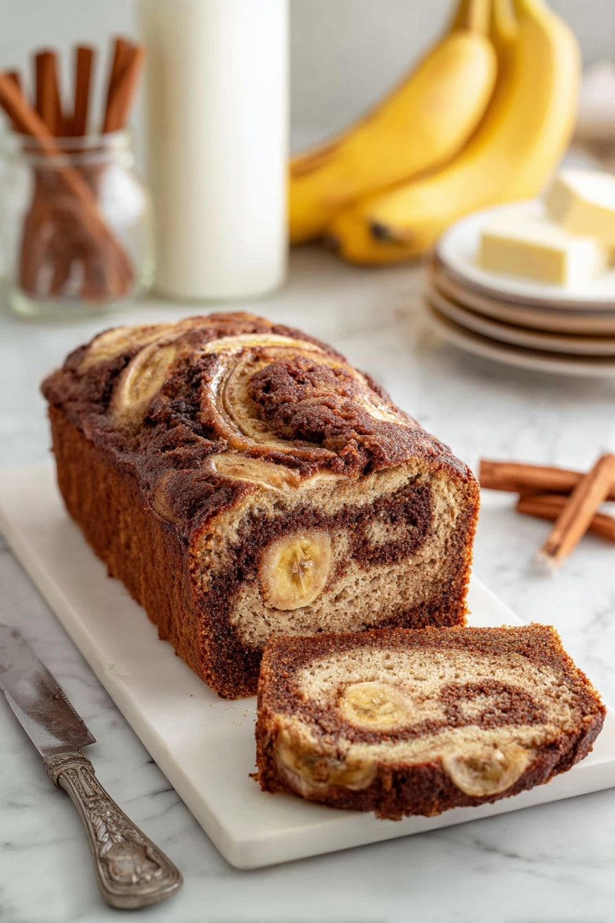 Cinnamon Swirl Banana Bread, banana bread with cinnamon swirl, moist banana bread recipe, quick banana bread, easy cinnamon swirl recipe - A sliced loaf of banana bread with a rich brown and golden swirl pattern inside rests on a white rectangular plate set on a white marbled surface. The top crust is cracked and darker brown with a slightly rough texture, and visible banana slices peek through. In the background, there is a tall glass of milk, a bunch of bananas, a small jar of cinnamon, butter on a clear dish, a few cinnamon sticks, and a stack of white plates with more banana bread slices. A vintage silver knife lies next to the plate on the marbled surface. photo taken with an iphone --ar 2:3 --v 7
